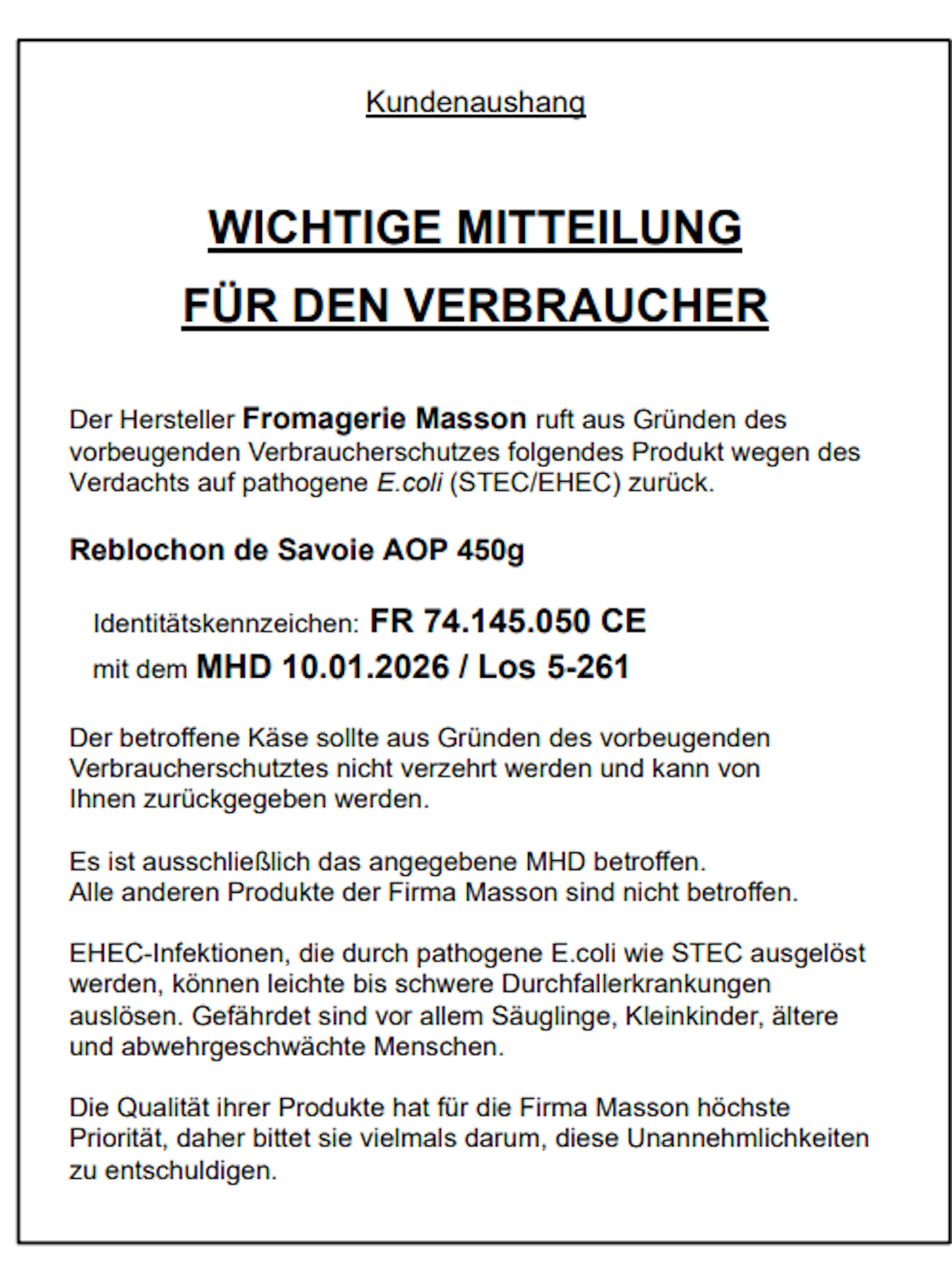 Die Rückruf-Information des französischen Käseherstellers Fromagerie Masson.