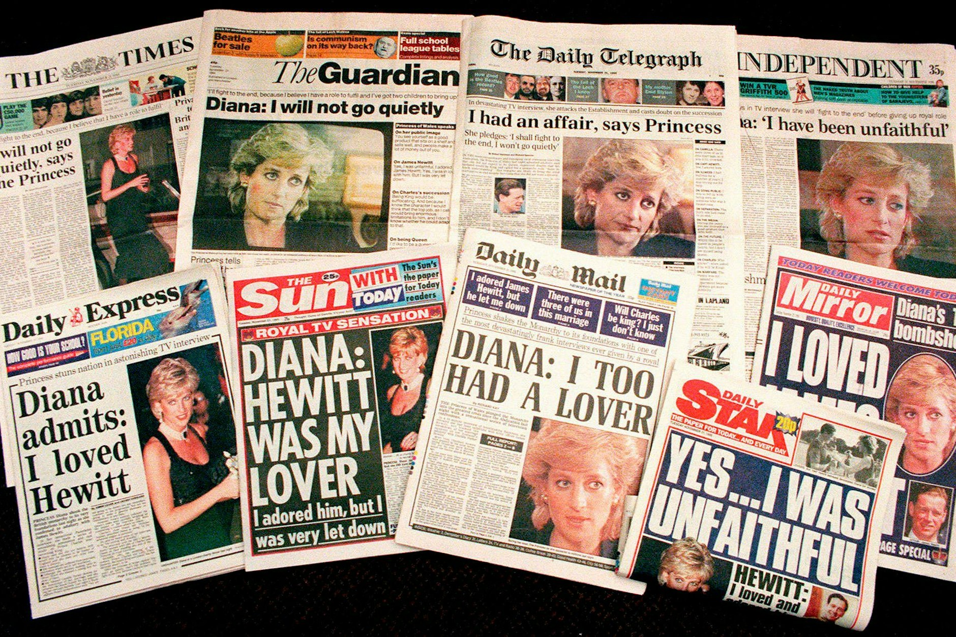 Das Interview von Lady Diana, bei dem sie unter anderem erzählte, dass sie einen Liebhaber gehabt hatte, schlug hohe Wellen. Natürlich war es auf allen Titelblättern der britischen Presse.