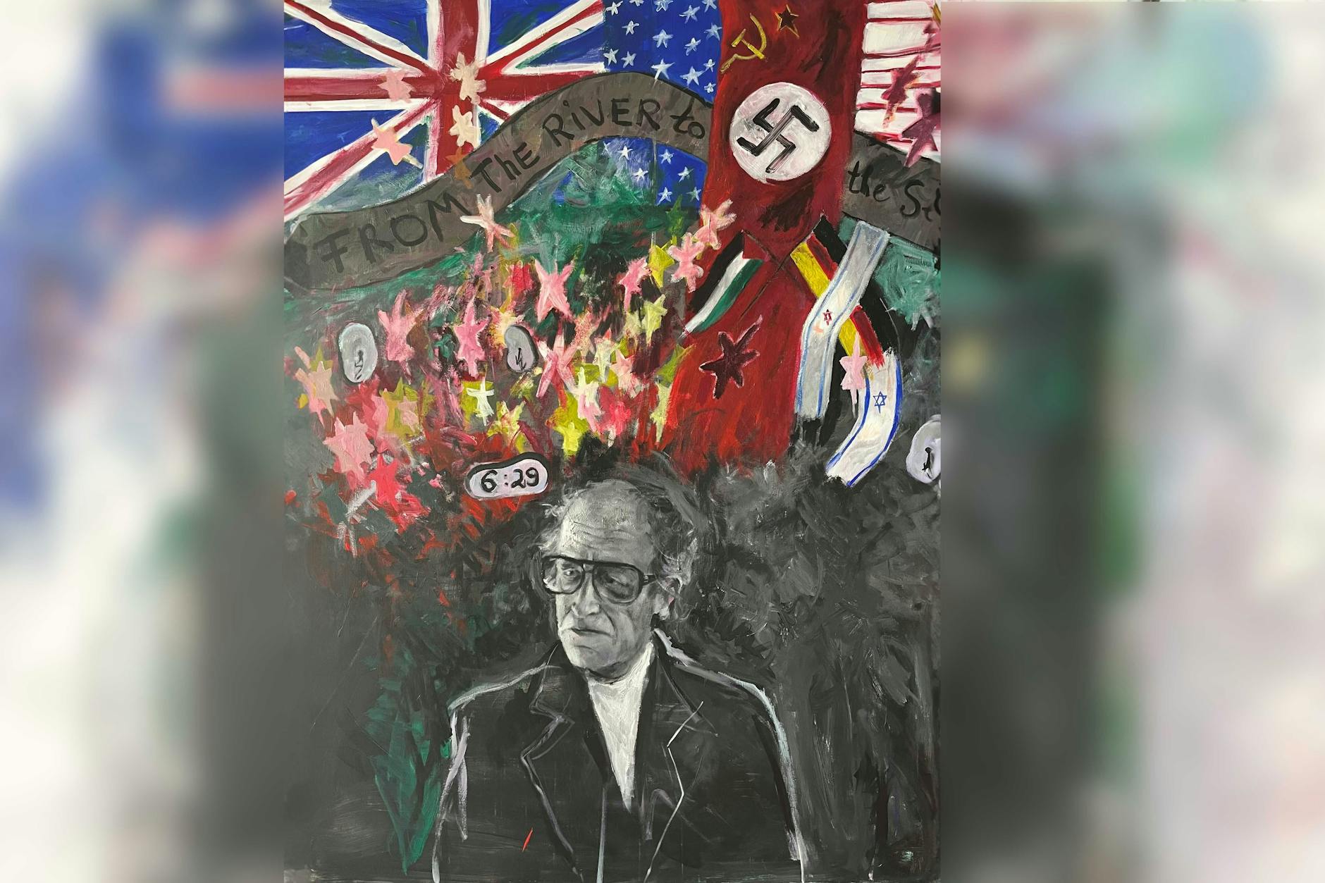 Yury Kharchenko: „Jean Amery am 7. Oktober um 6:29“, 2024, Acryl auf Leinwand