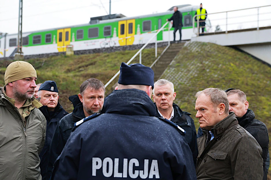 Polens Ministerpräsident Donald Tusk (2.v.r) besichtigte die durch eine Explosion beschädigte Eisenbahnstrecke.