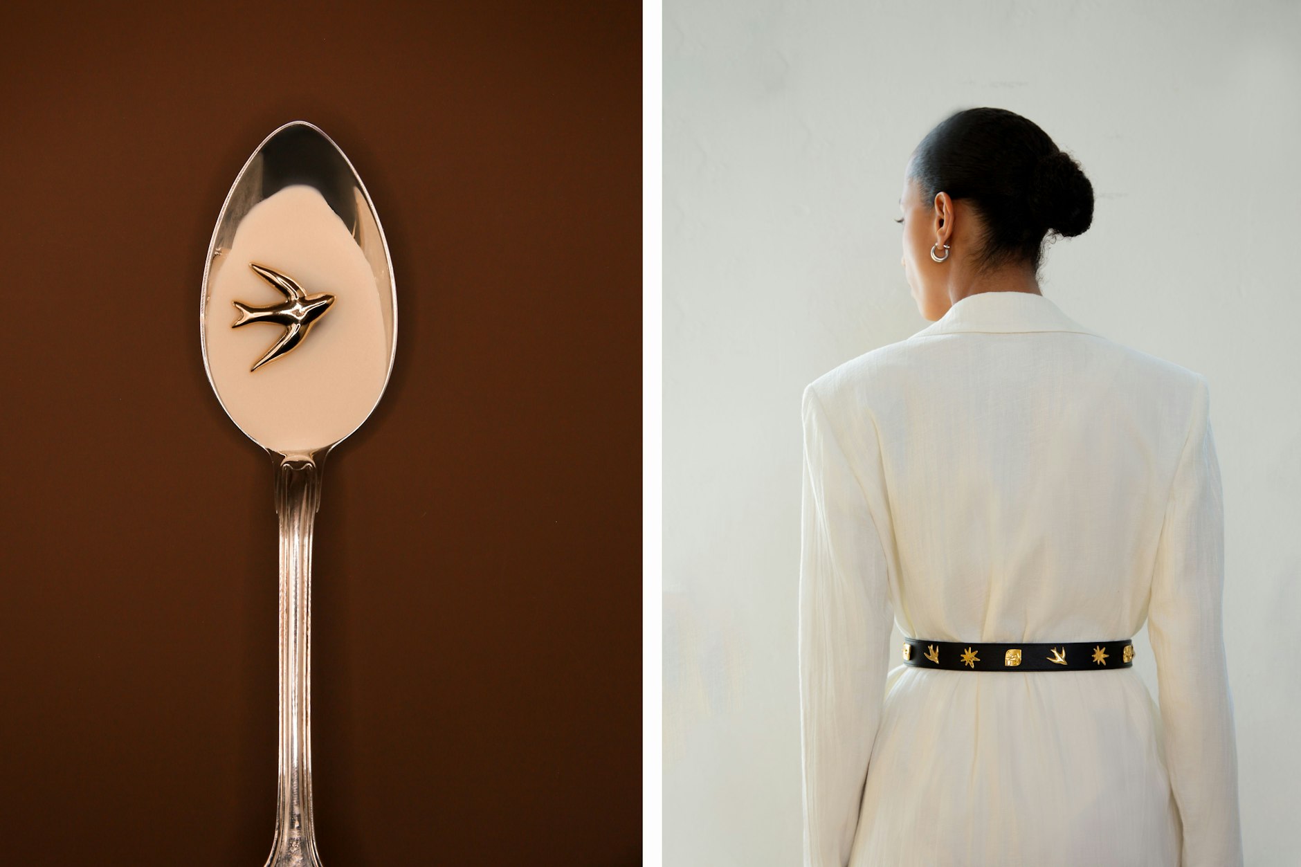 Boho-Chic: Zum Ledergürtel von Didamie wählt man beim Kauf 7 oder 14 Charms, also figürliche Nieten, die es silber- und goldfarben gibt. Oben l. das Charm „Soar“ in Schwalbenform, o. r. ein Charm-Mix.