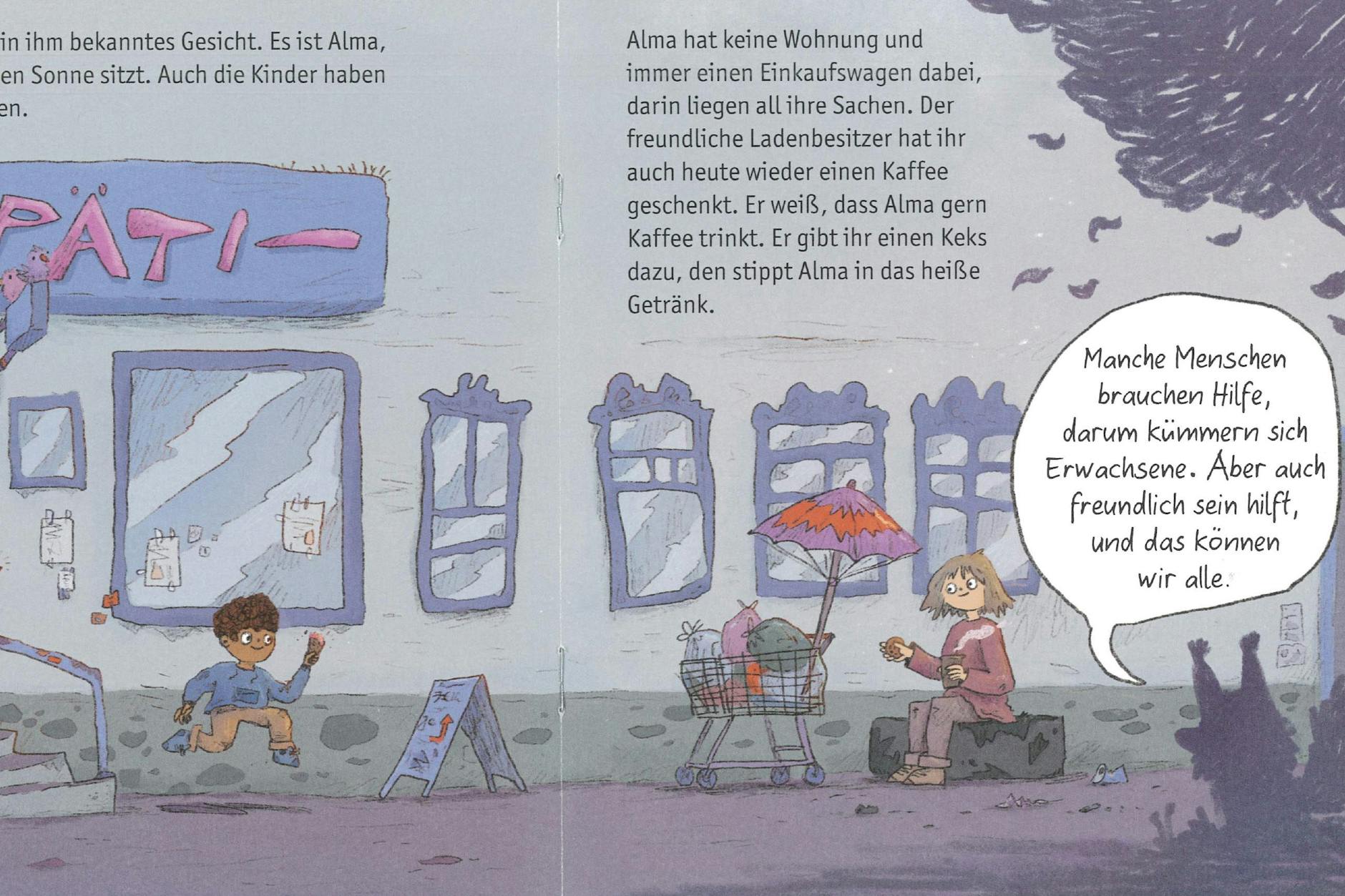 Am Späti treffen die Kinder im Buch auf die obdachlose Alma.