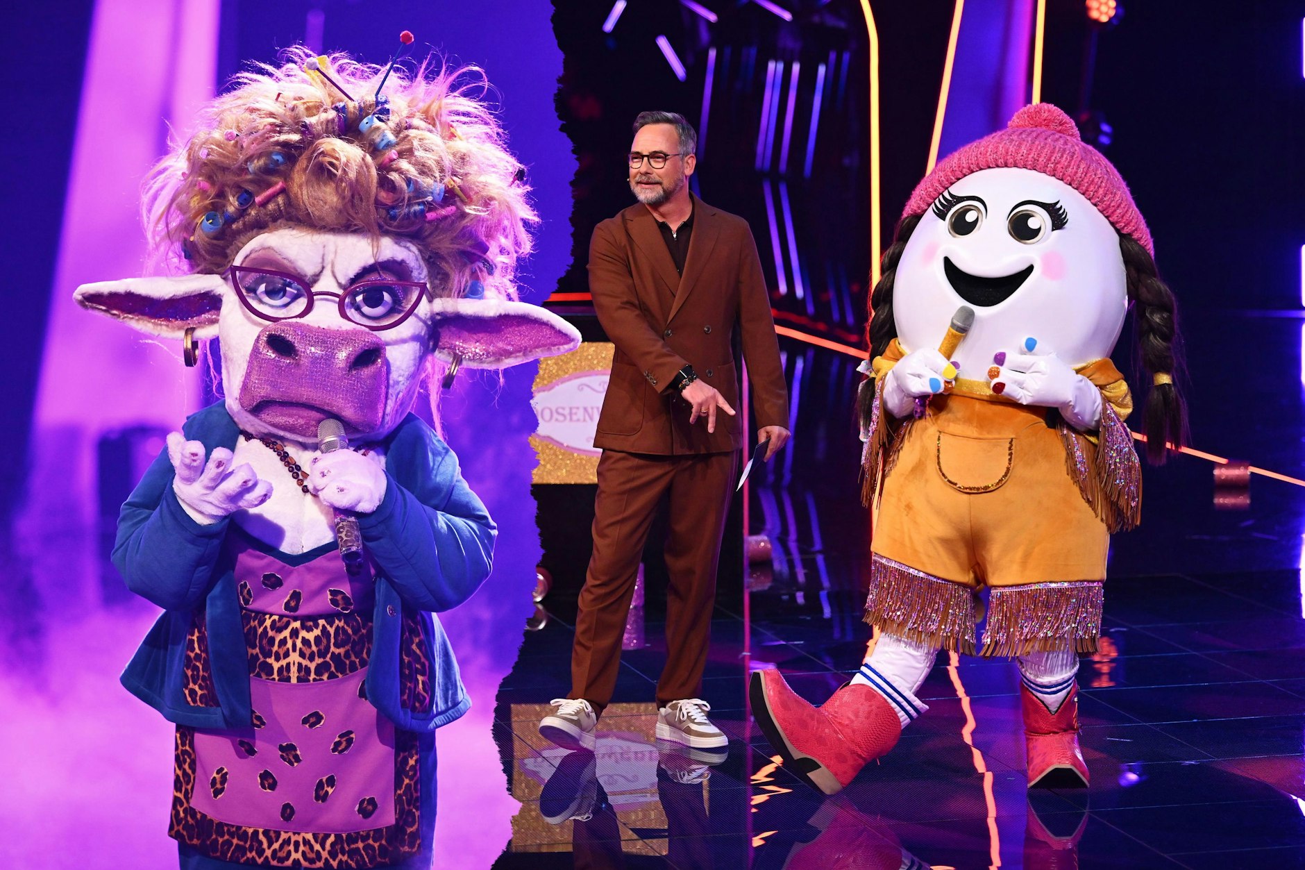 Am Samstag treten sieben Stars bei Masked Singer an, darunter auch das Ei namens Eggi und die Kuh Muuhnika (links). Moderator Matthias Opdenhövel gehört zu den wenigen Menschen, die die Identität der Promis unter den Masken kennen.