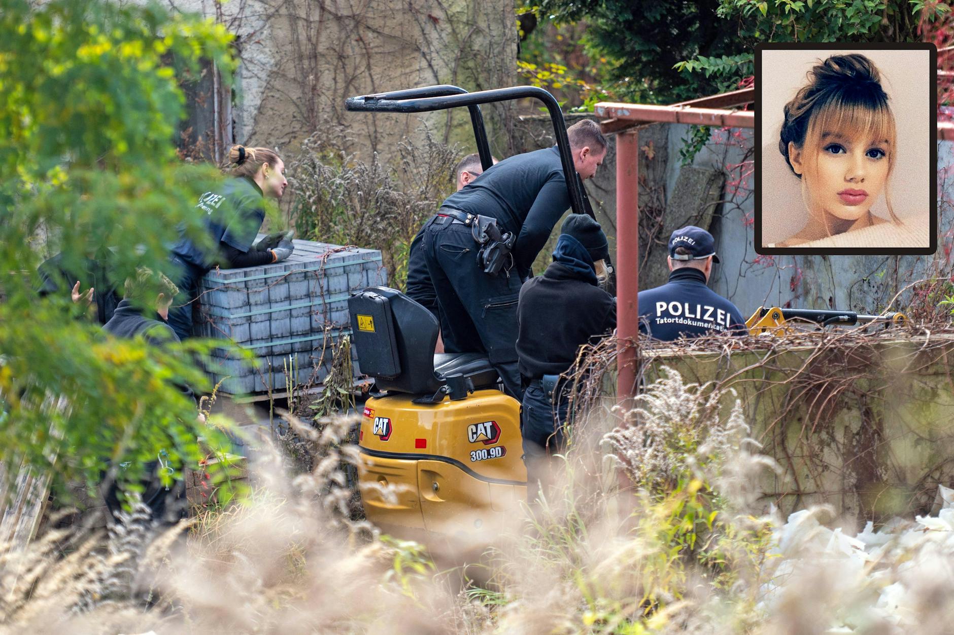 Im Fall Rebecca untersuchen Polizisten mit einem Bagger ein Grundstück in Brandenburg.