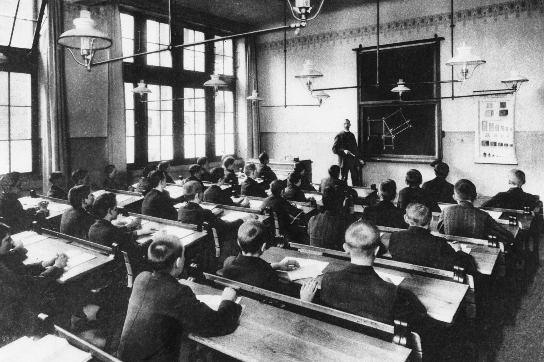 Zucht und Ordnung: Schulklasse beim Geometrie-Unterricht um 1900