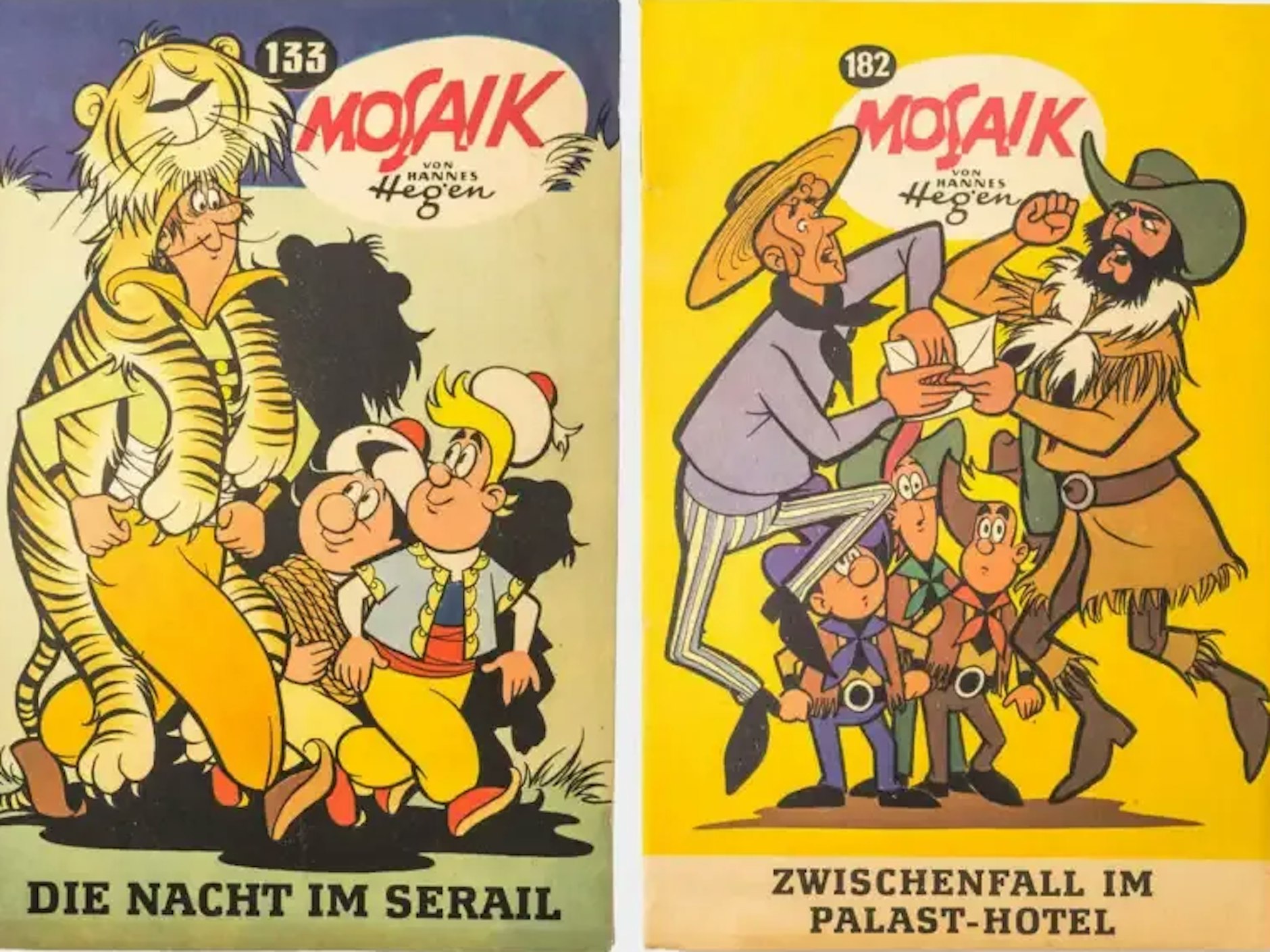 Zwei Mosaik-Hefte aus fünf Jahren: Auch im DDR Museum werden die Digedags gezeigt.