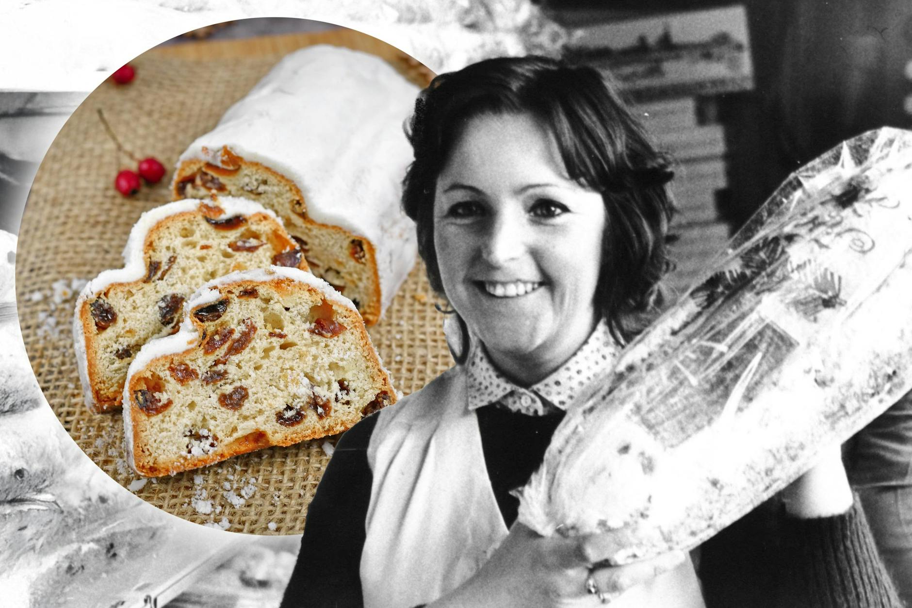 Schon in der DDR war Stollen zur Weihnachtszeit ein Hit. Hier präsentiert eine Verkäuferin auf dem Striezelmarkt in Dresden einen herrlichen Dresdner Stollen.