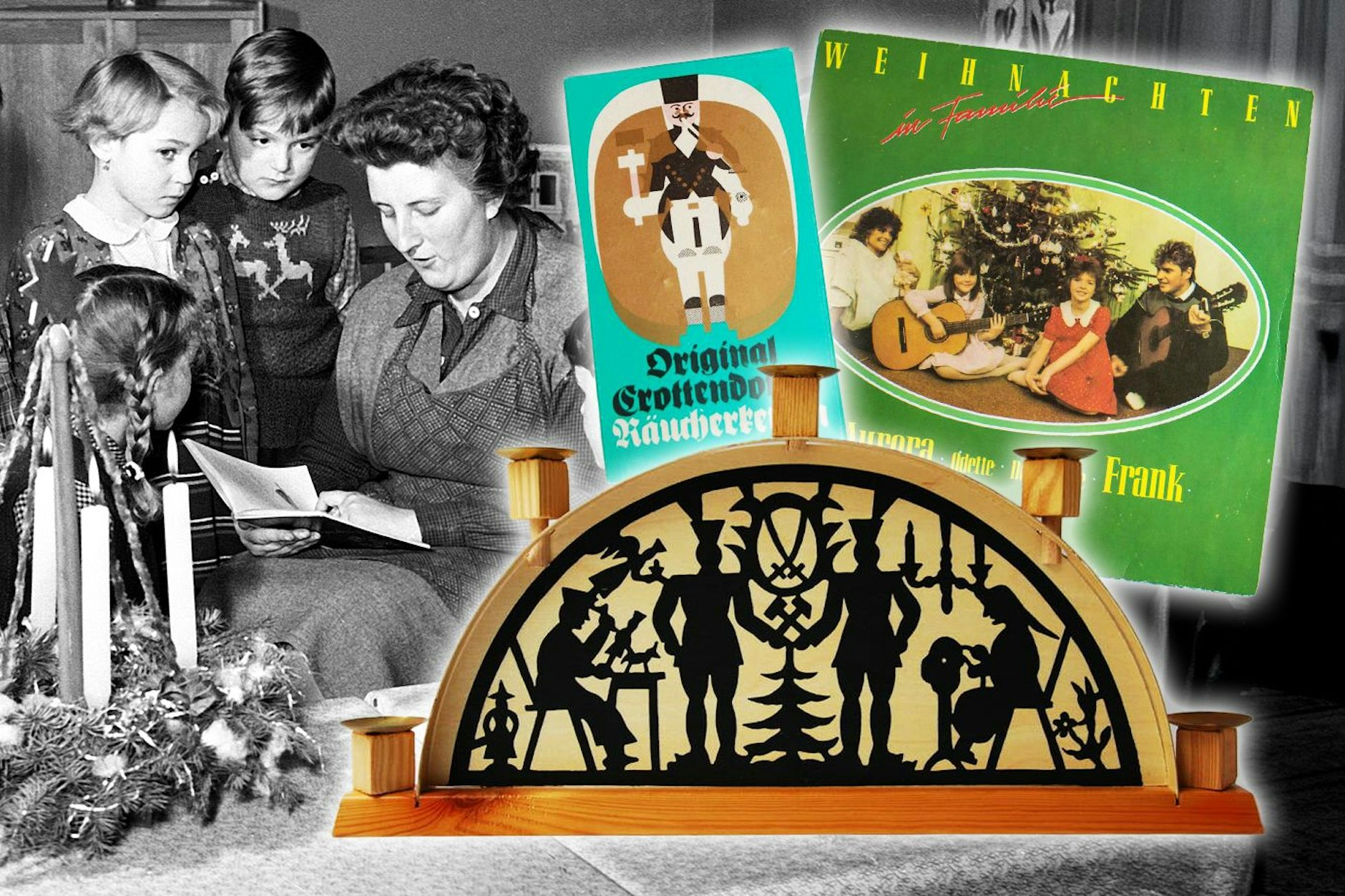 Weihnachten in der DDR: Eine Erzieherin liest Kindern aus einem Weihnachtsbuch vor. Rechts: Schwibbogen, Crottendorfer Räucherkerzen und die Schallplatte "Weihnachten in Familie" gehörten zum Weihnachtsfest in der DDR.