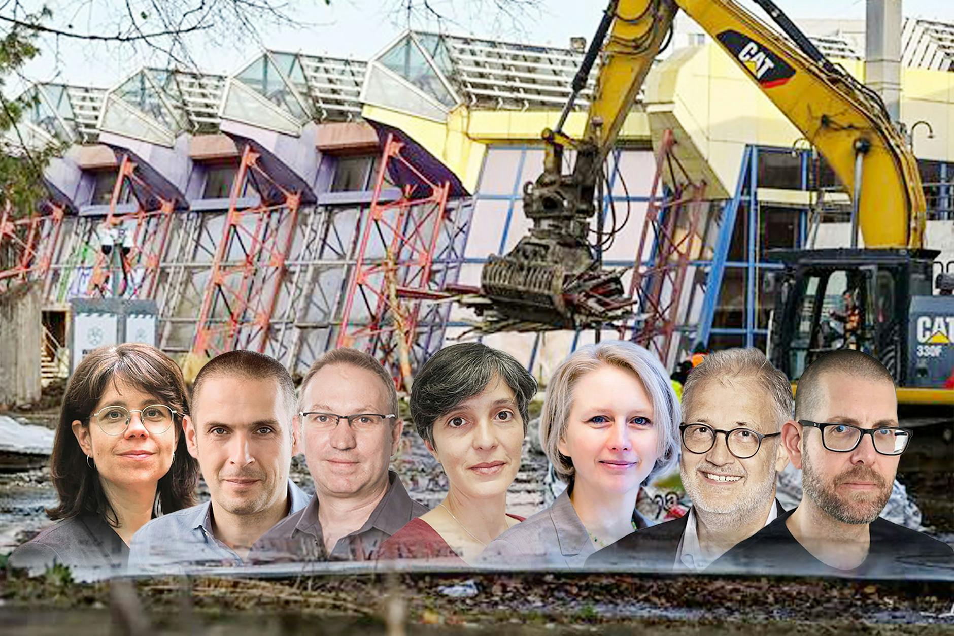 Sieben Professoren aus dem Westen gegen den SEZ-Abriss: Stephanie Herold, Architektenkammer-Präsident Eike Roswag-Klinge, Thomas Auer, Laura Calbet Elias, Alexandra Druzynski von Boetticher, Stefan Simon und Rainer Schützeichel (v. li.) Insgesamt haben 31 Experten aus Deutschland und Österreich den Brandbrief unterschrieben.