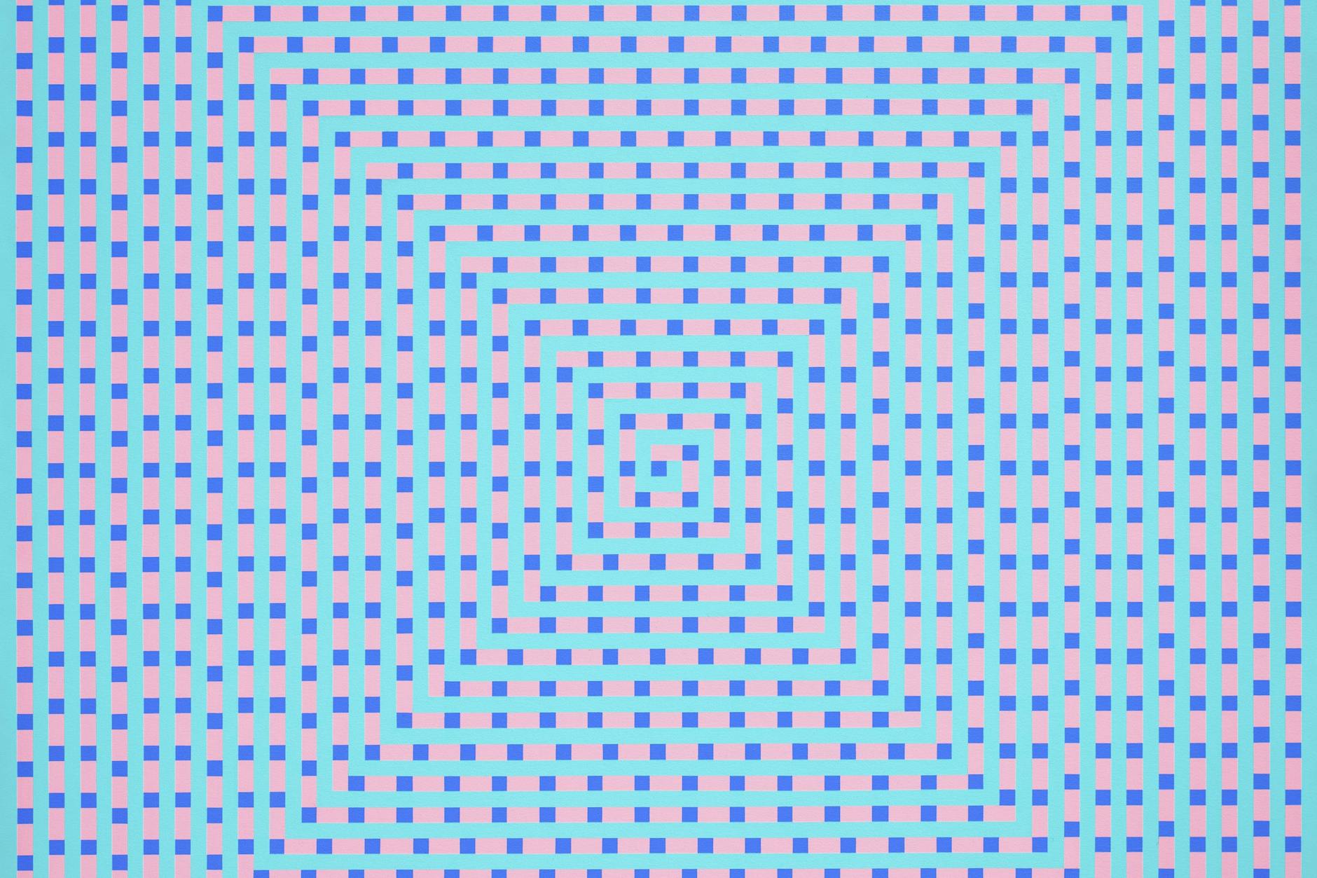 „1134 Unterbrechungen – Quadrate in Blau, Streifen in Hellrot in grüner Spirale“, 2007, Acryl auf Leinwand, 200 x 200 cm (Ausschnitt)