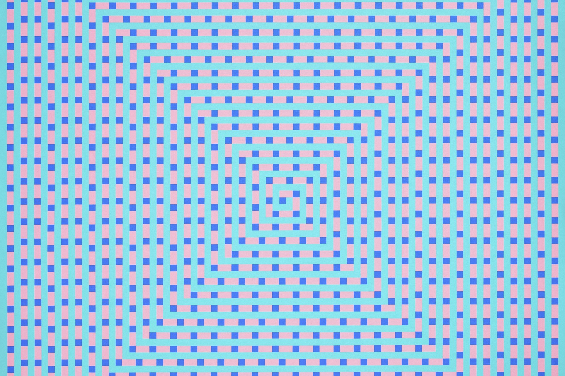 „1134 Unterbrechungen – Quadrate in Blau, Streifen in Hellrot in grüner Spirale“, 2007, Acryl auf Leinwand, 200 x 200 cm (Ausschnitt)