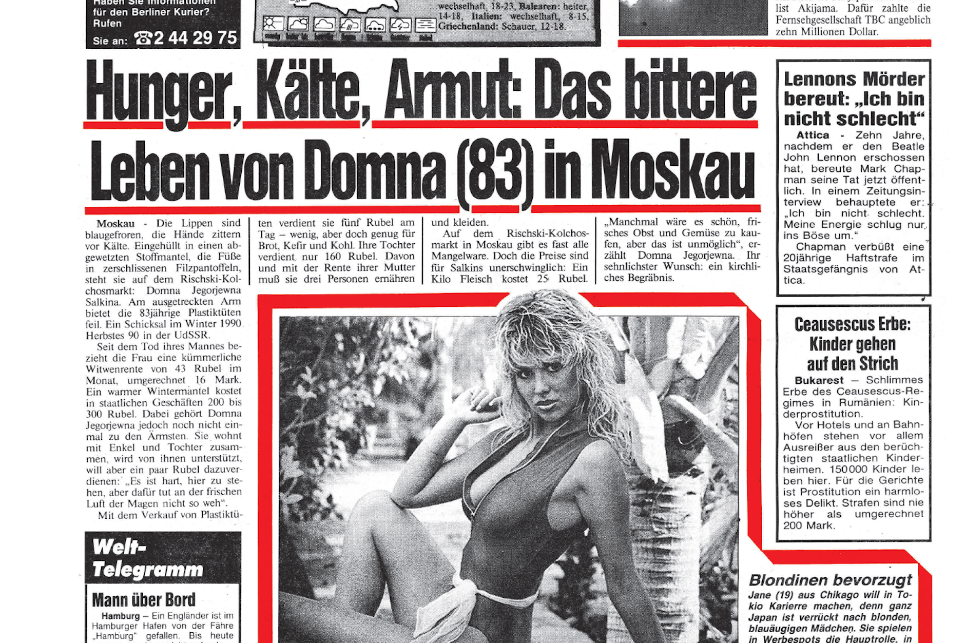 Auf der letzten Seite im KURIER gab's einen Bericht über die Altersarmut in Russland. Auch eine leicht bekleidete Dame gab es damals noch - es waren andere Zeiten.
