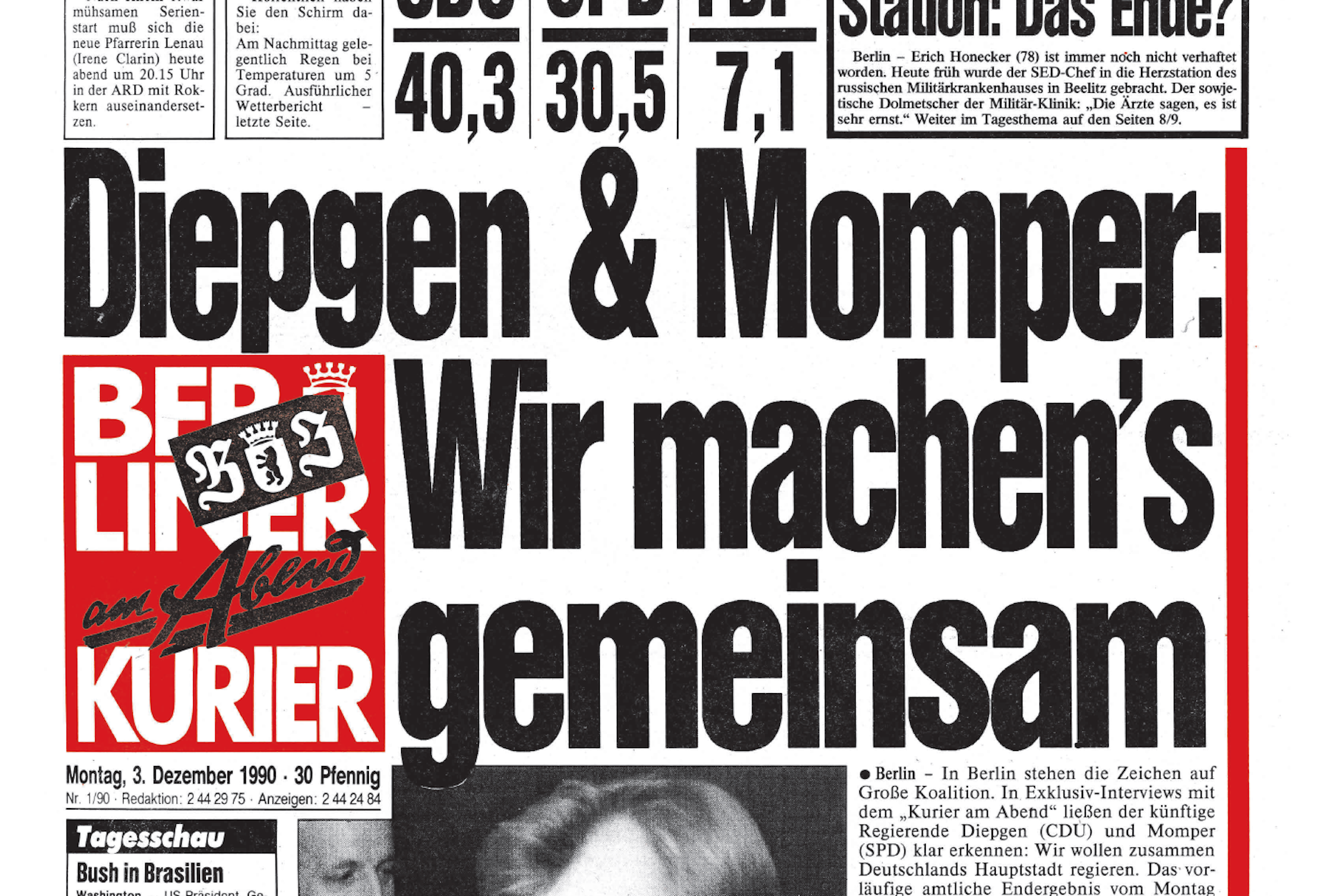 Nach der Wahl am 2. Dezember kündigten Eberhard Diepgen und Walter Momper an, dass sie die zukünftige Hauptstadt gemeinsam regieren wollen. 