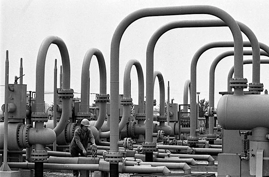 Der Gas-Untergrundspeicher des Gaskombinats Schwarze Pumpe in Bad Lauchstädt vor der Wende: In den 1970er-Jahren wurde in Stadtgasnetze der DDR bereits Wasserstoff eingespeist.