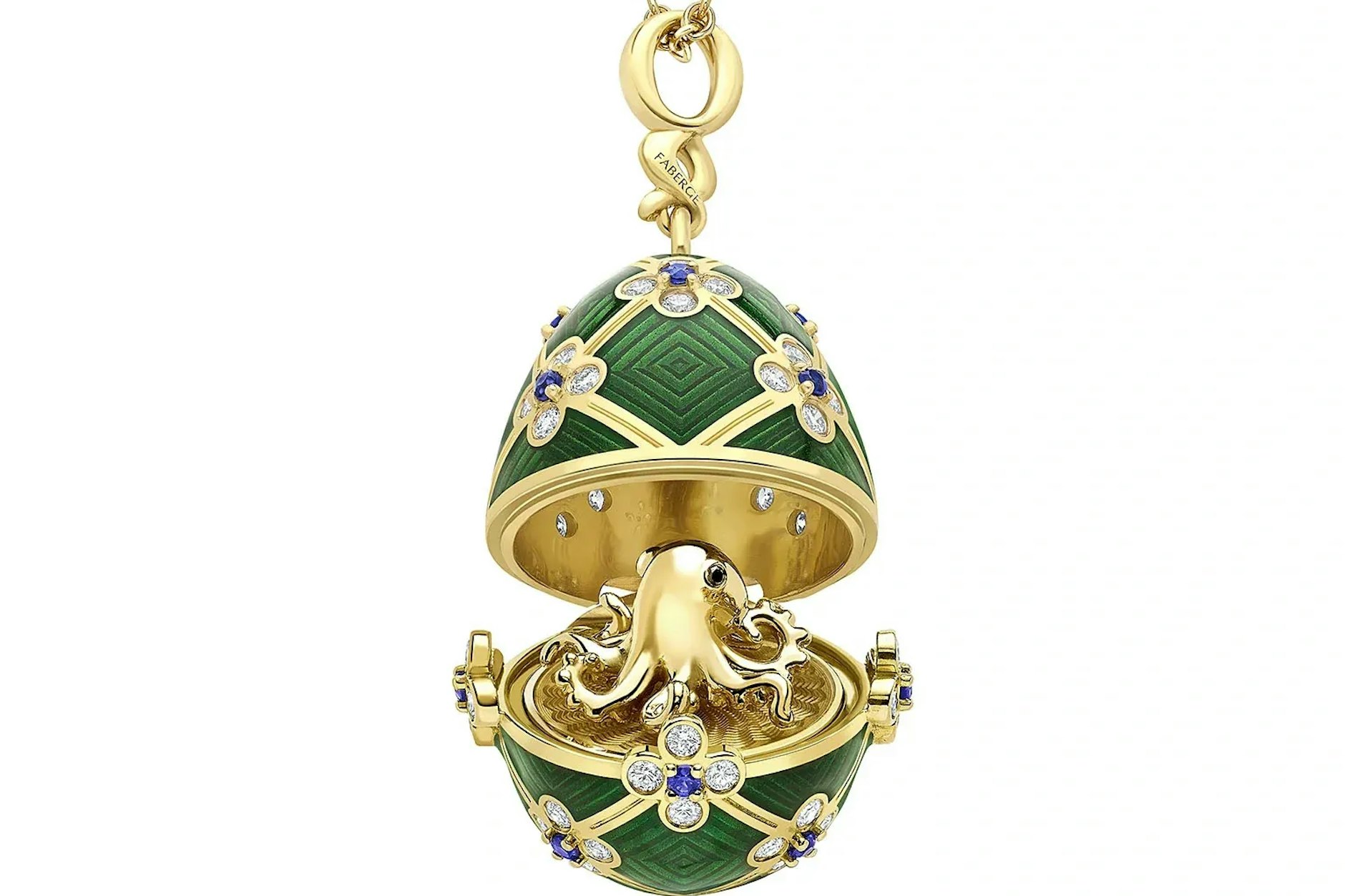 Ein kleiner goldener Oktopus steckt in dem wertvollen Fabergé-Ei.