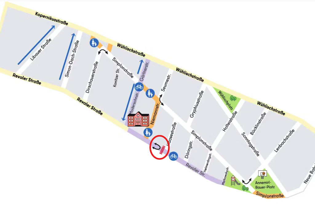 So sieht es künftig aus: Auf Höhe der Haasestraße (Kreis) kommen die Poller. Das Gewerbegebiet befindet sich in Höhe Niemannstraße, die zur Schulzone wird.