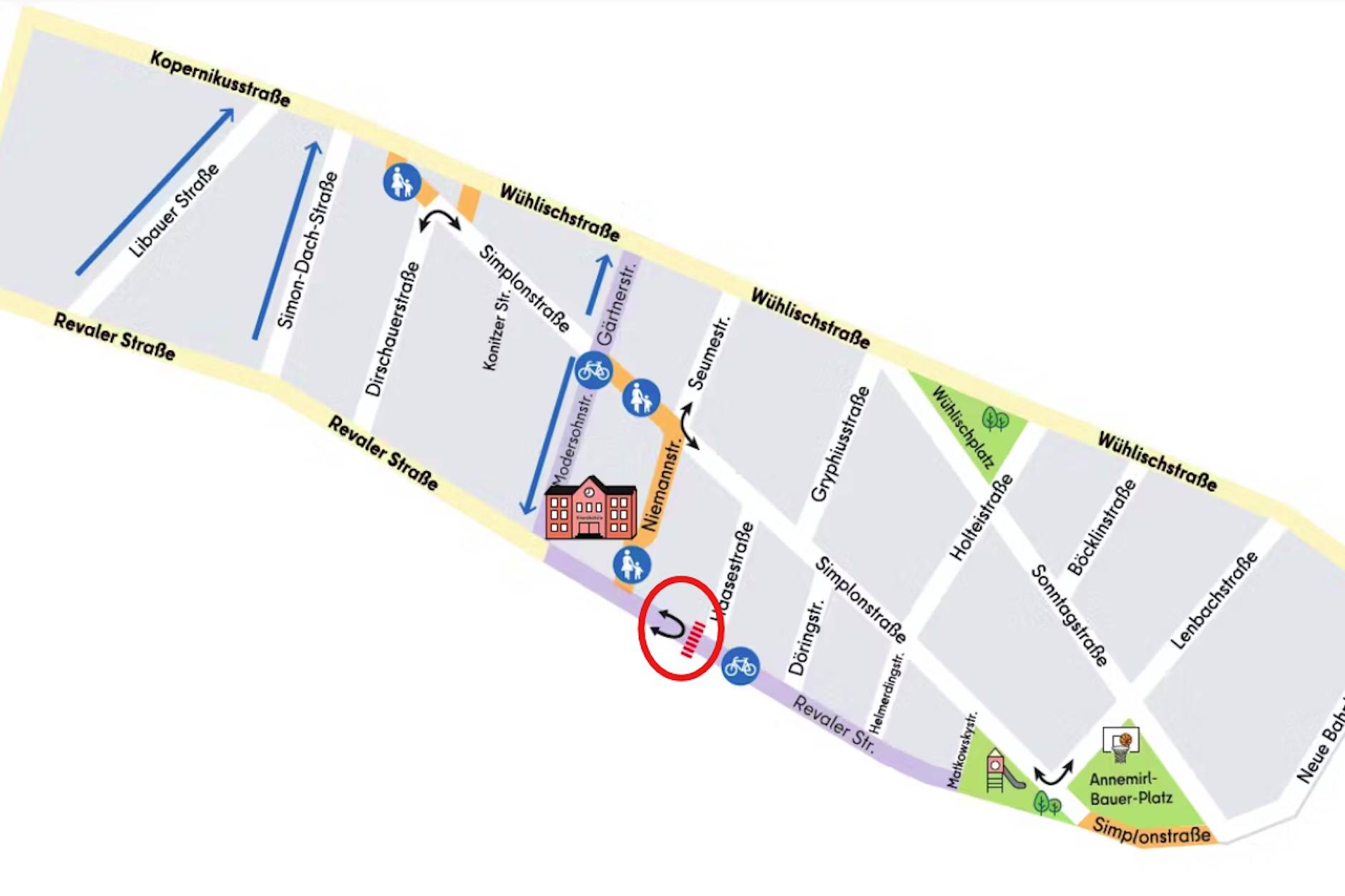 So sieht es künftig aus: Auf Höhe der Haasestraße (Kreis) kommen die Poller. Das Gewerbegebiet befindet sich in Höhe Niemannstraße, die zur Schulzone wird.