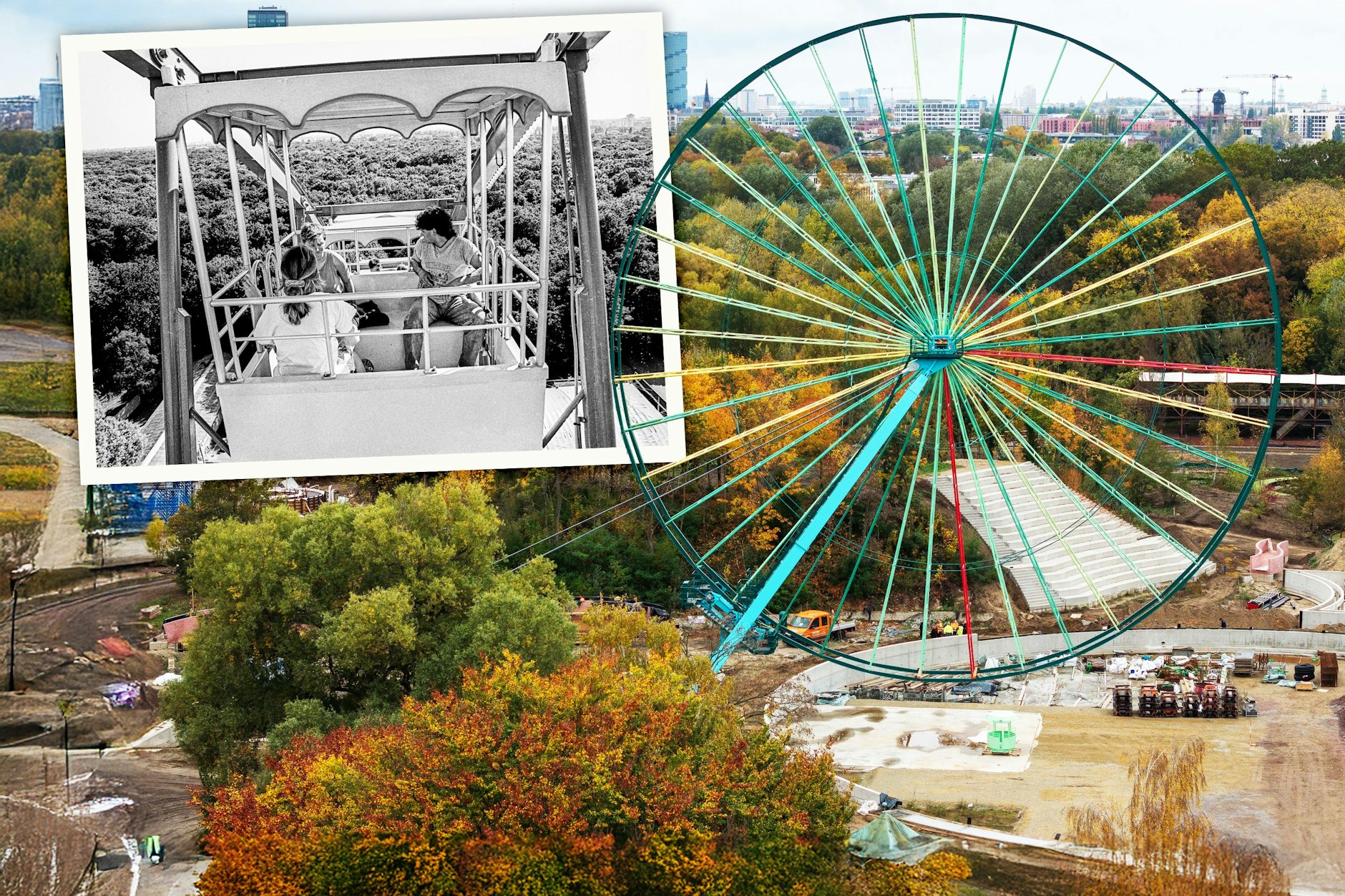 Das Riesenrad im Spreepark wurde in den vergangenen Wochen wieder aufgebaut - beim Test sollen nun wieder Gondeln am Rad hängen, die schon zu DDR-Zeiten über dem Plänterwald schwebten.