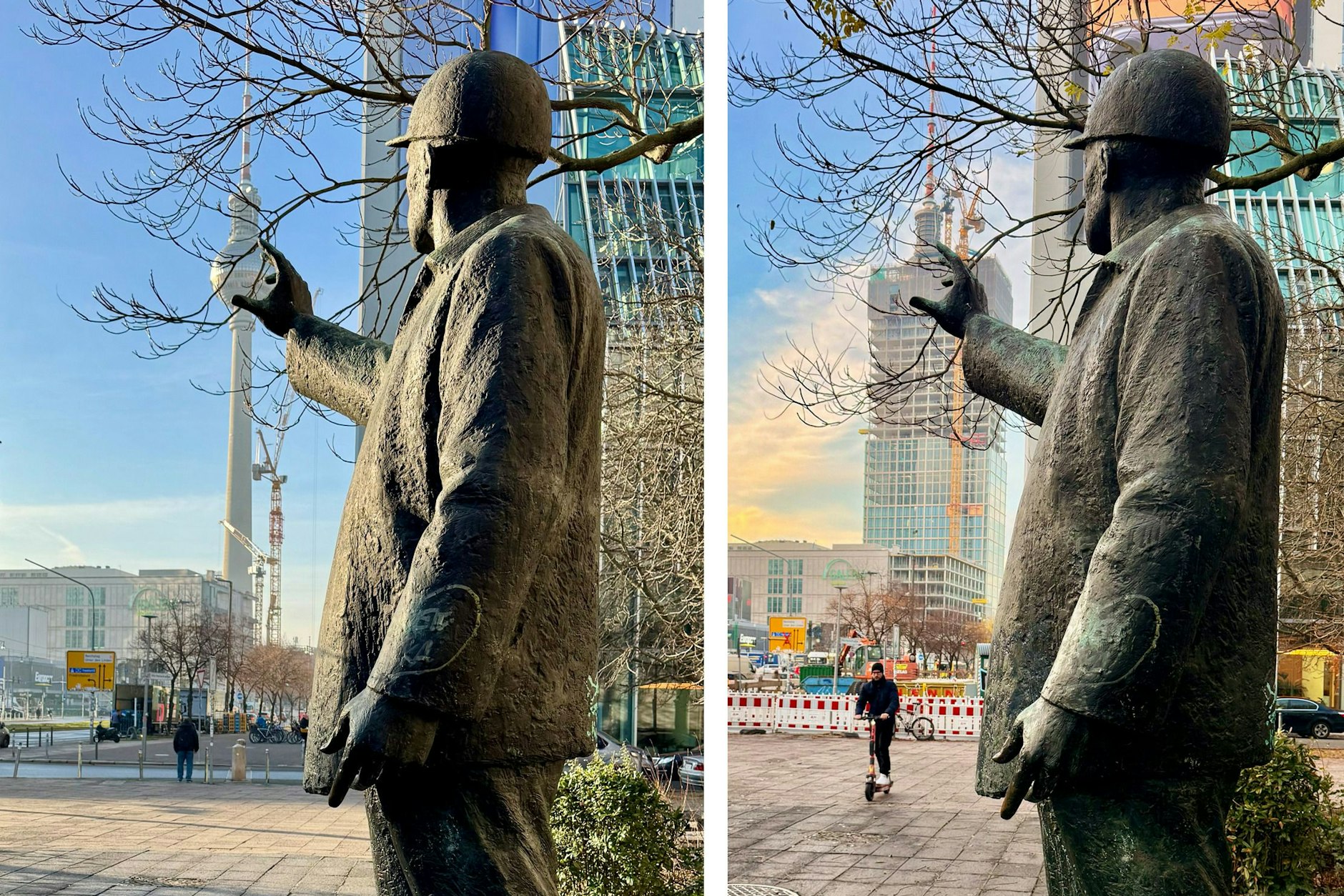 Die Hand des Bauarbeiters, die einst die Turmkugel hielt, greift heute ins Leere. Ein Hochhaus stellt sich zwischen Vergangenheit und Idee.