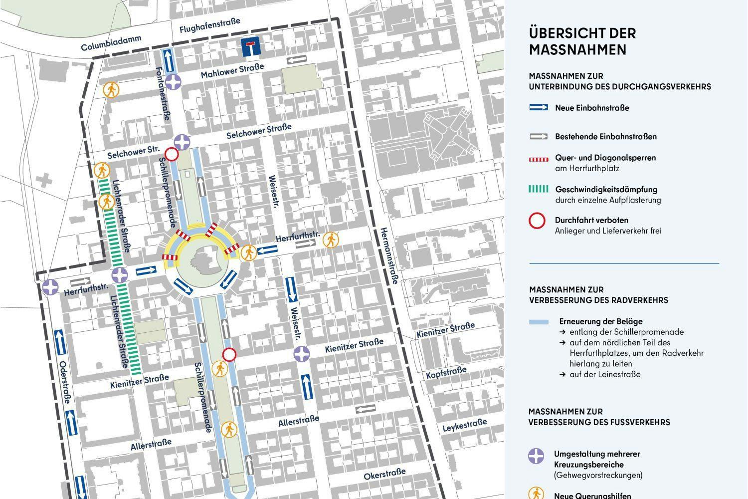 Infografik: So sehen die Pläne für einen verkehrsberuhigten Schillerkiez aus. Autofahrer werden hier bald ein richtiges Tänzchen vollführen müssen.