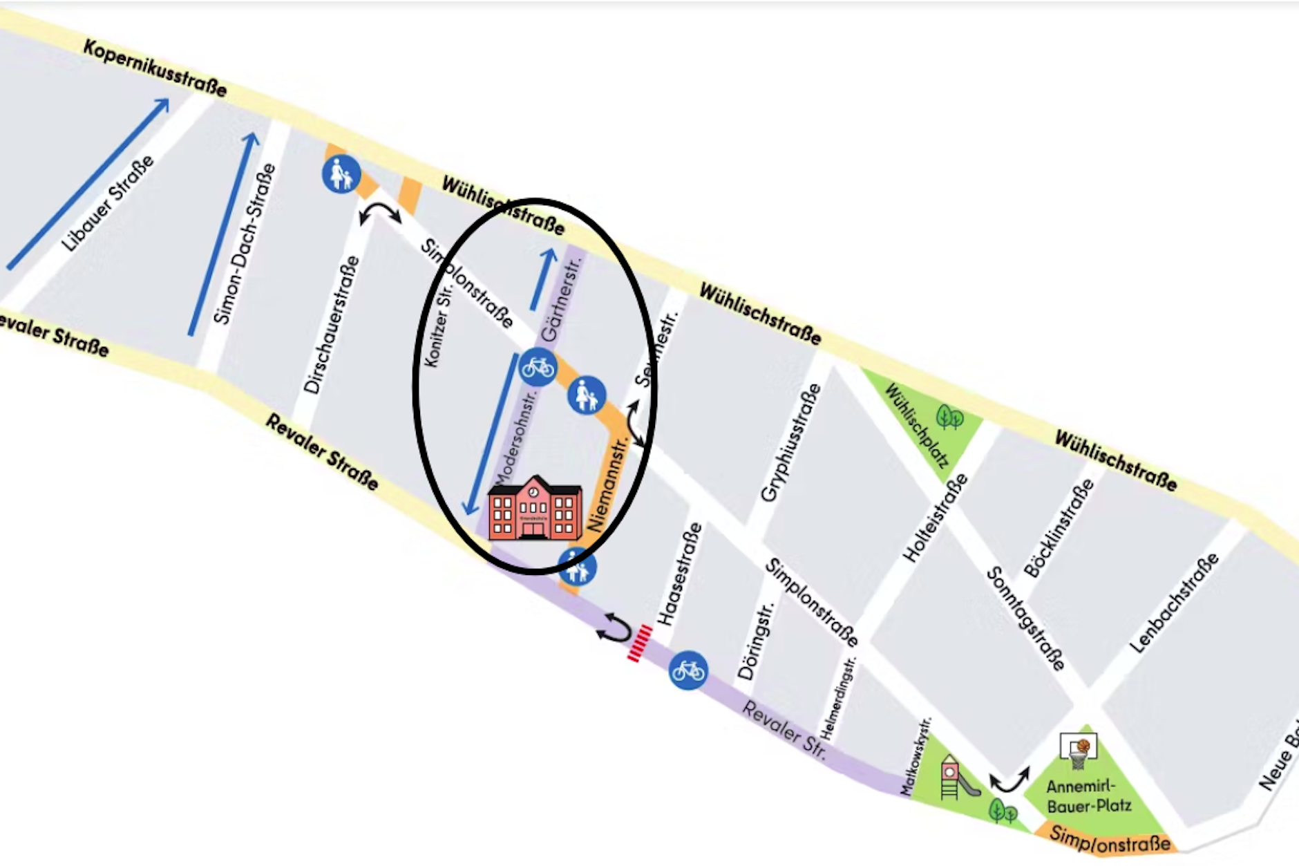 Die Modersohnstraße (Kreis) liegt mitten im sog. Teilgebiet C. Drumherum befinden sich viele Einbahnstraßen, die die direkte Durchfahrt zur Revaler Straße im Süden unmöglich machen.