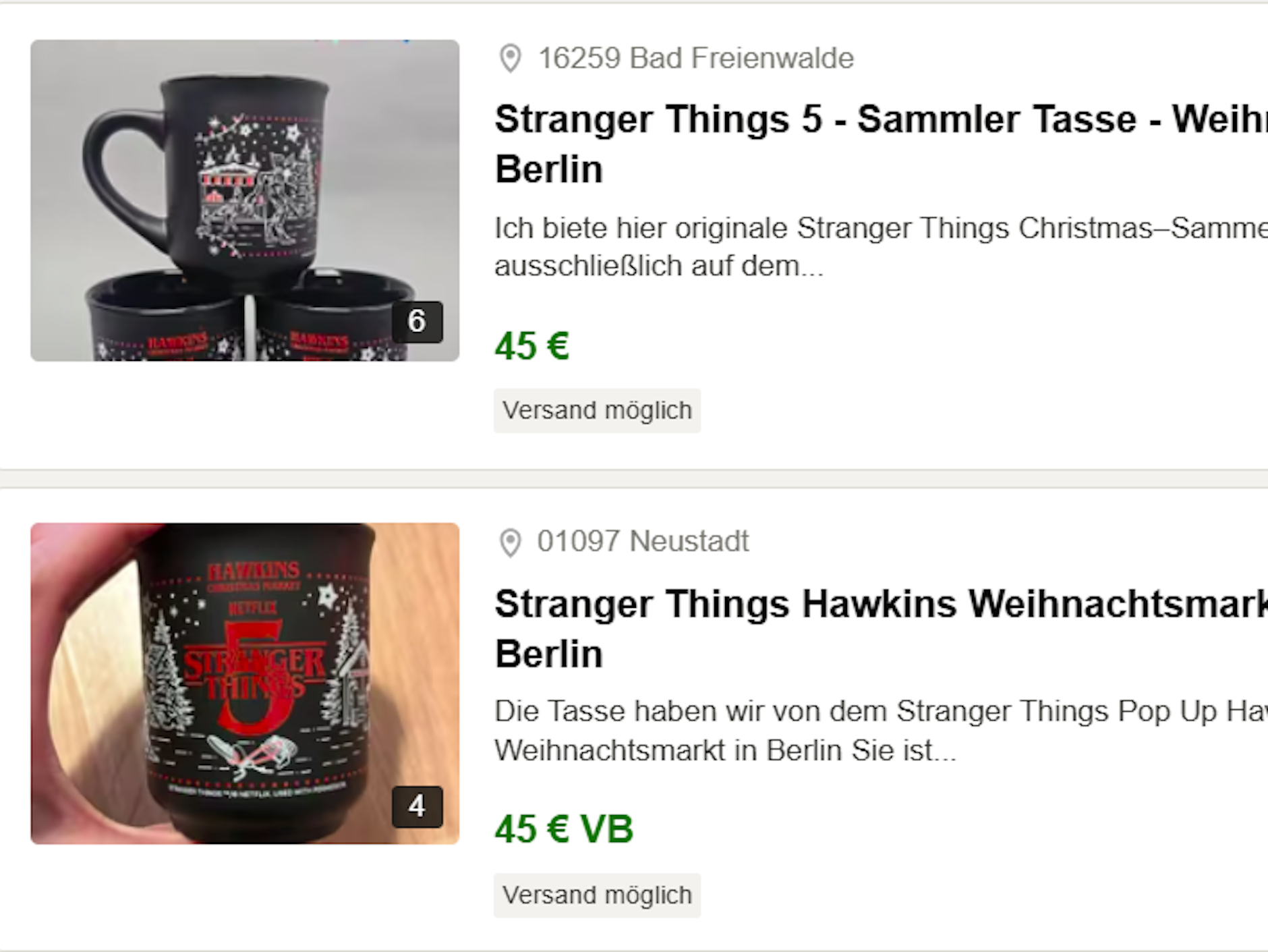 Bei Kleinanzeigen werden Stranger Things Tassen vom Weihnachtsmarkt am Kudamm zu absurden Preisen verkauft.