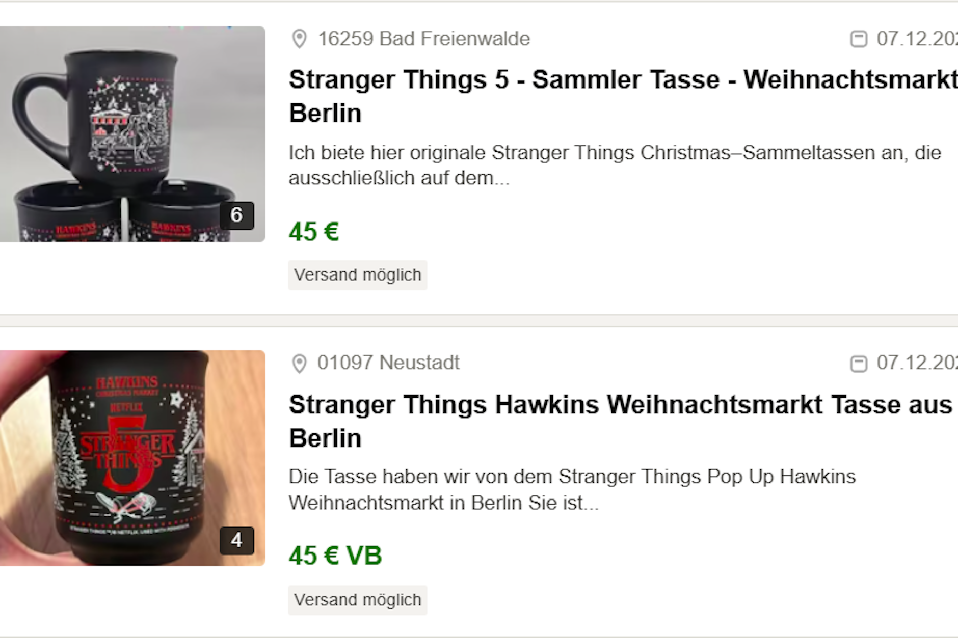 Bei Kleinanzeigen werden „Stranger Things“-Tassen vom Weihnachtsmarkt am Kudamm zu absurden Preisen verkauft.