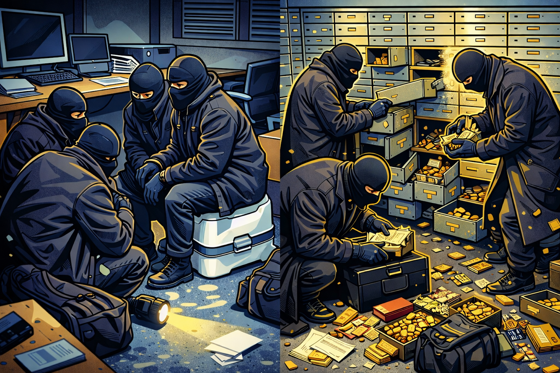KI-Illustration: 17 Stunden lang knackten die Diebe Schließfächer in der Bank.