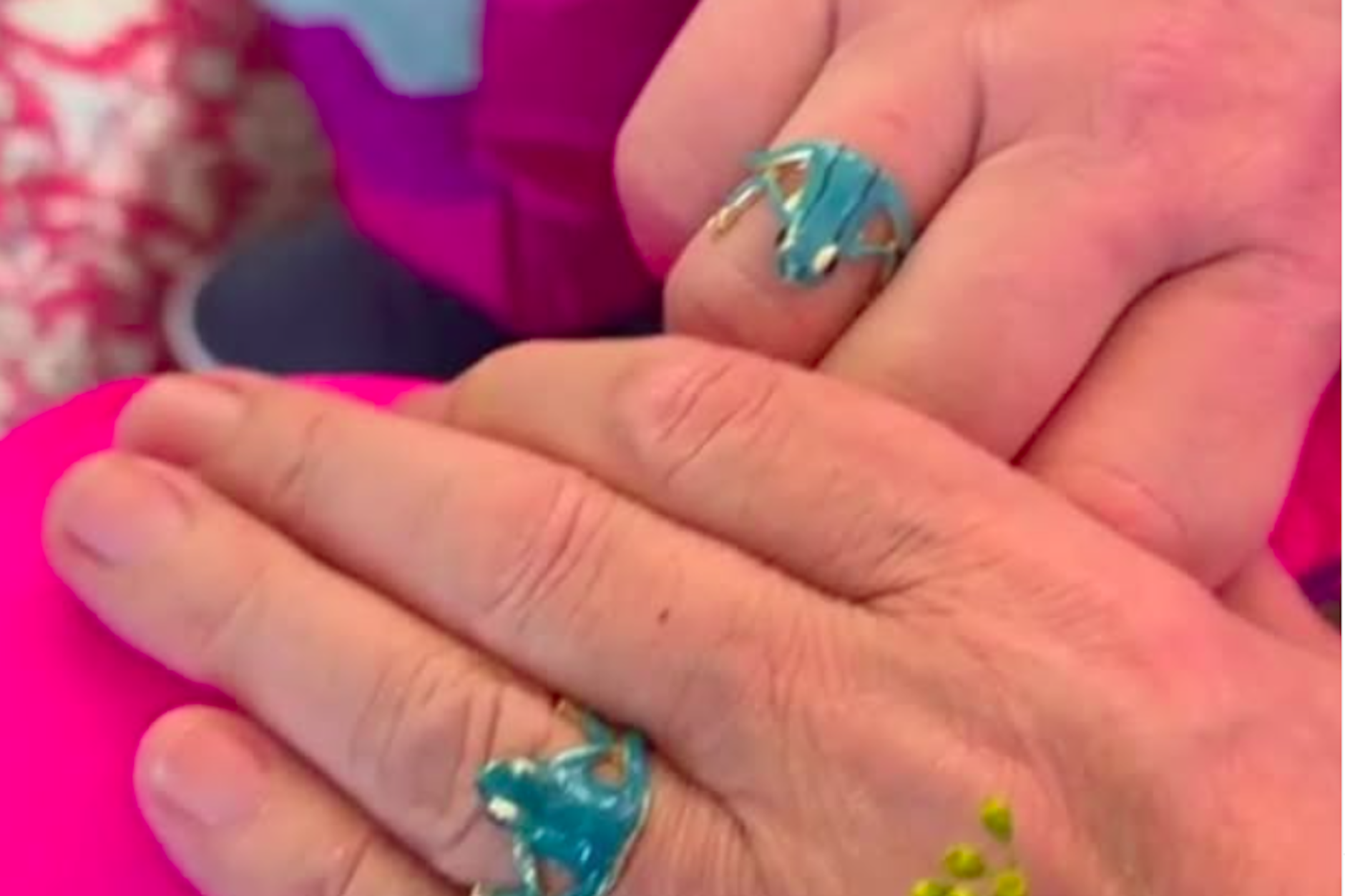 Rosa von Praunheim und sein Ehemann Oliver Sechting zeigen ihre außergewöhnlichen Hochzeitsringe – verziert mit türkisfarbenen Fröschen.