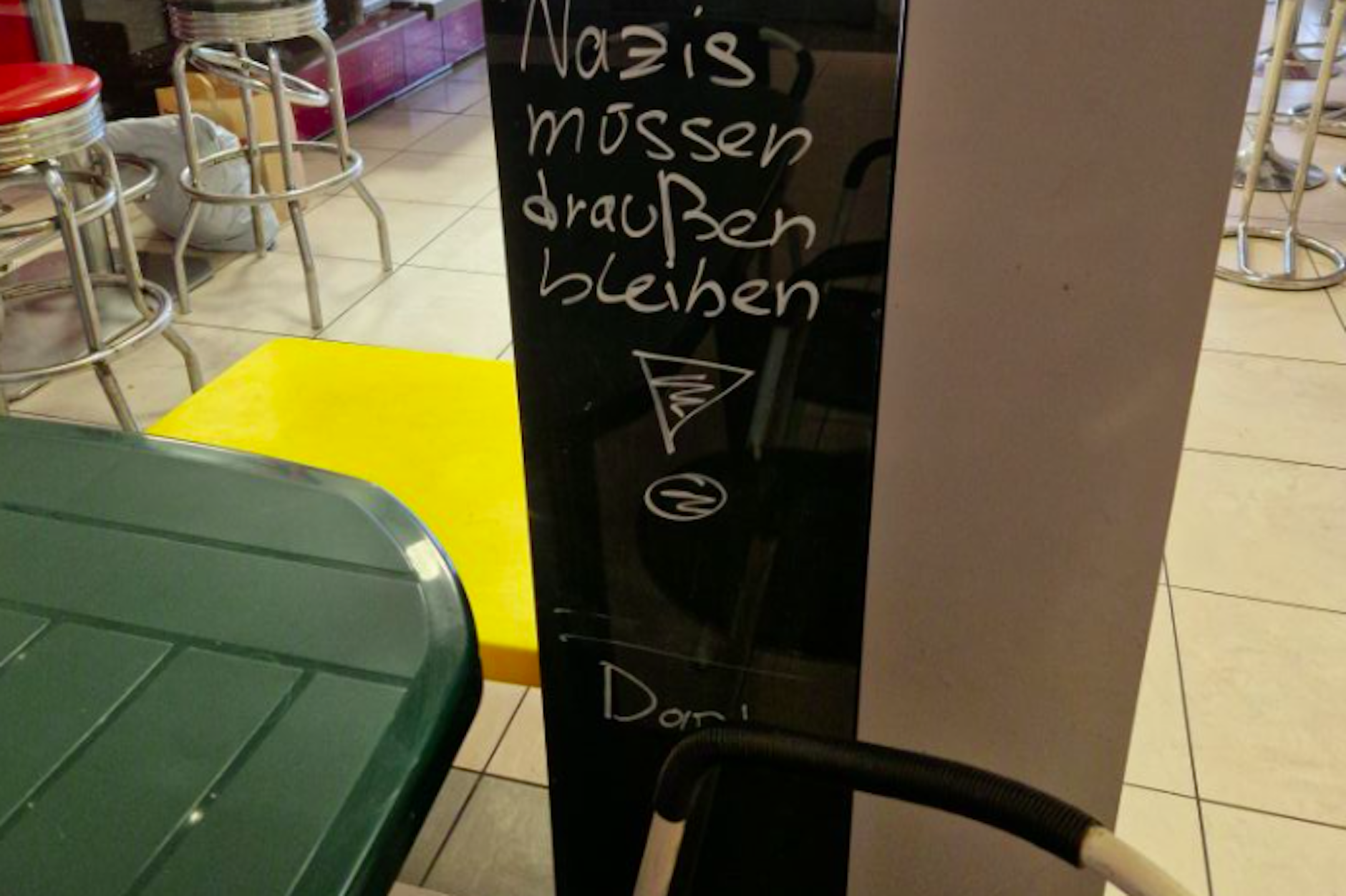Anti-Nazi-Schild sorgt für Wirbel in Grünauer Fleischerei.