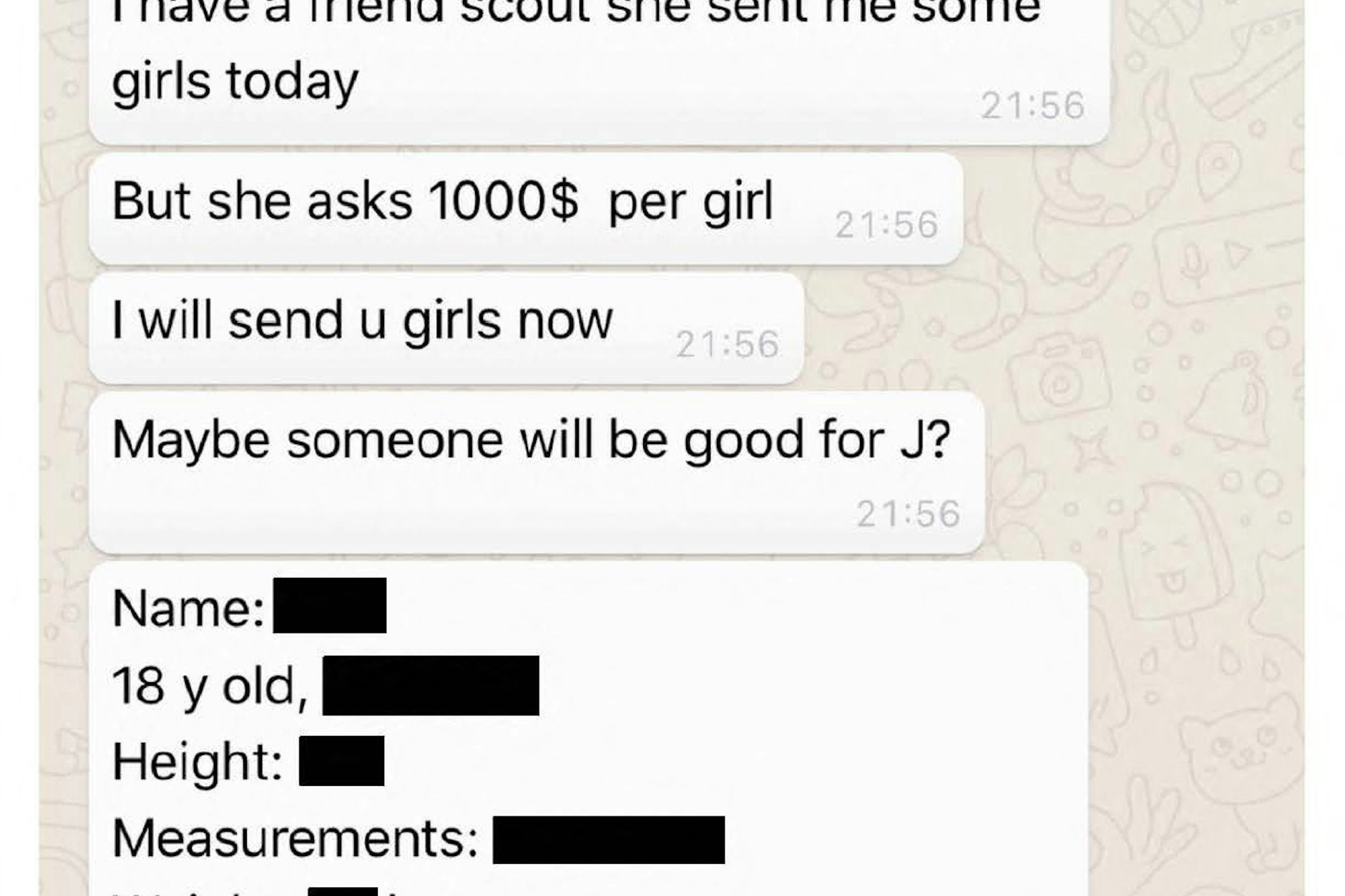 Dieser Screenshot zeigt eine Reihe von Textnachrichten, in denen eine Person darüber spricht, Mädchen zu verschicken. Der Preis dafür: 1000 Dollar.