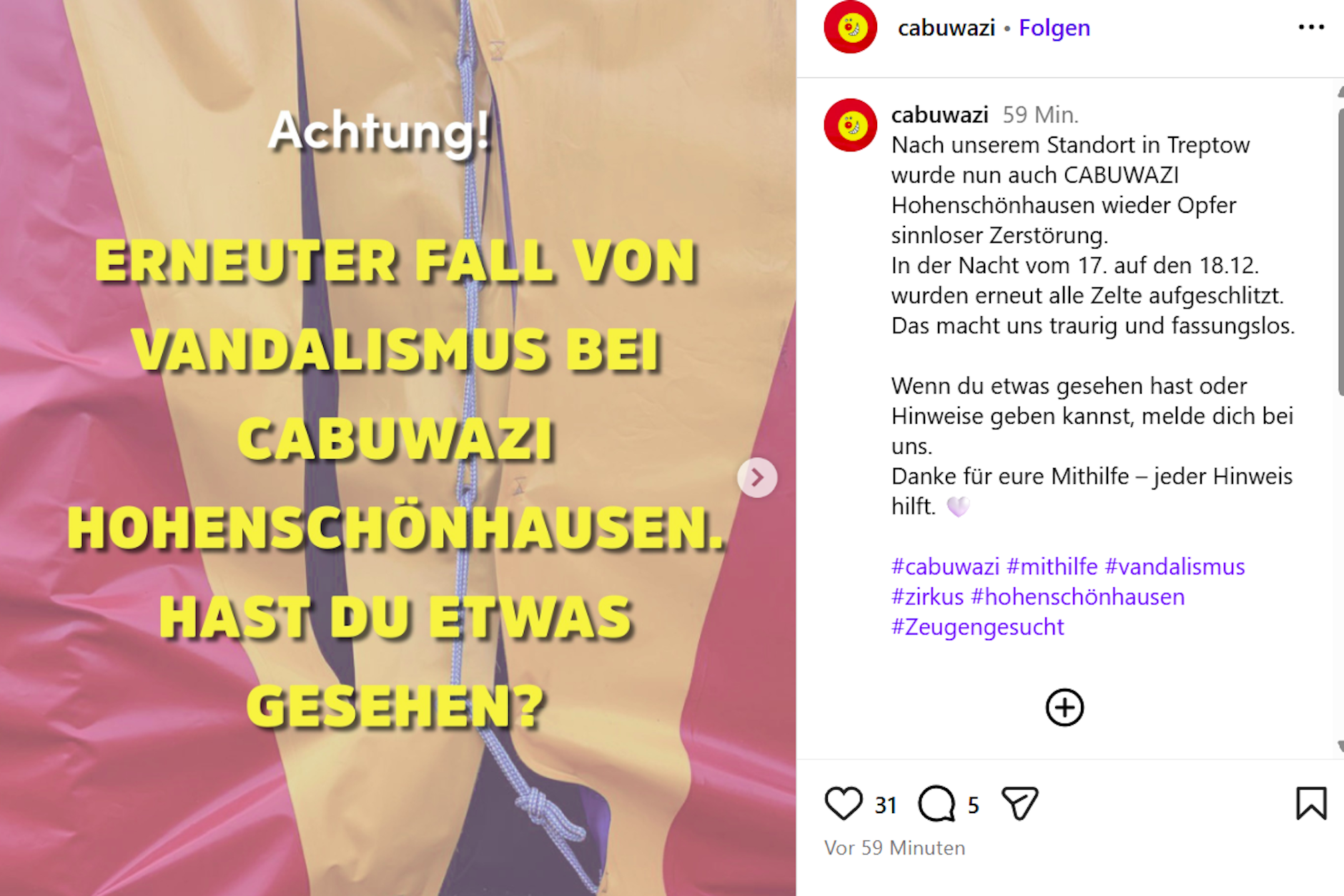 Der Aufruf vom Zirkus Cabuwazi Donnerstagnachmittag bei Instagram.