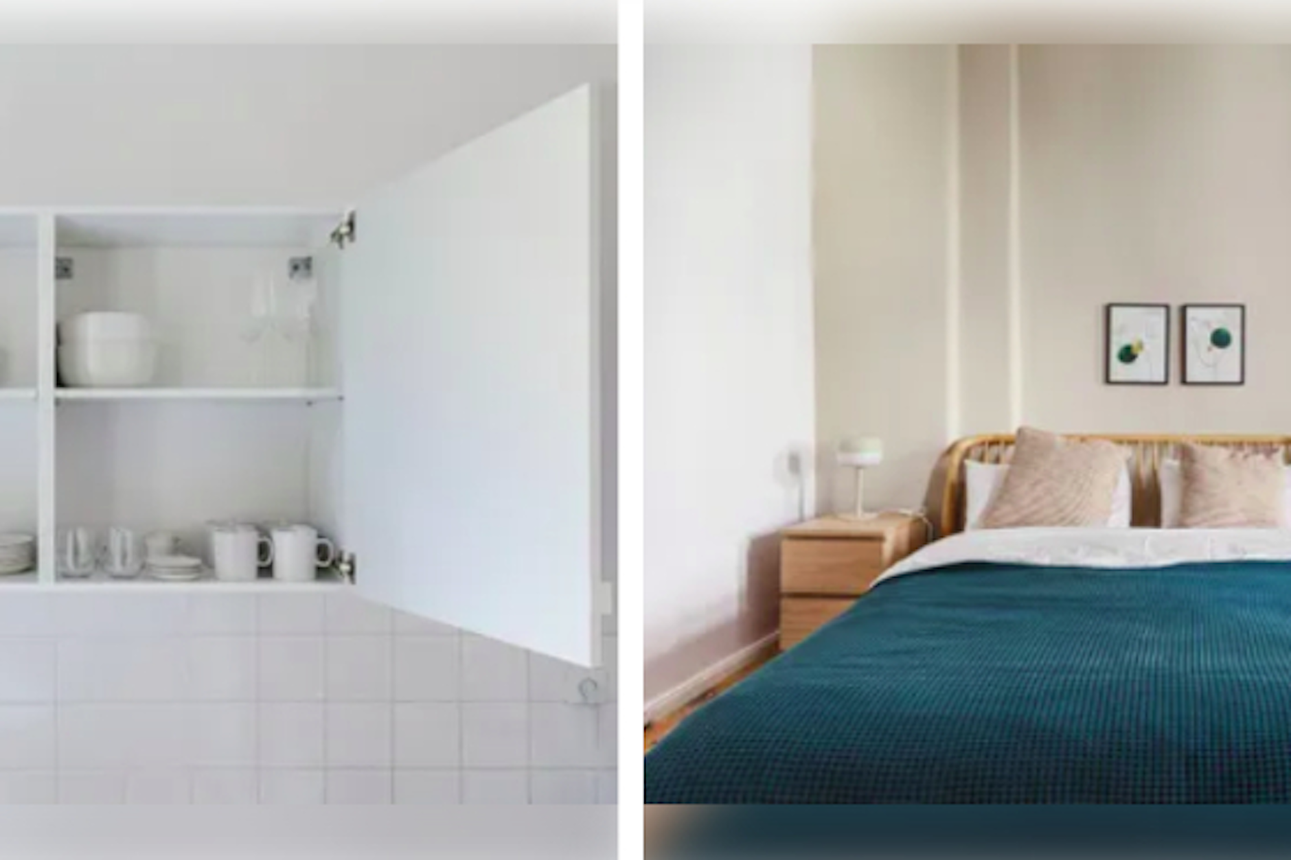 Das Inserat zeigt das Küchengeschirr (l.) und das Bett in der 1-Zimmer-Wohnung – inkl. Luxus-Bettwäsche.