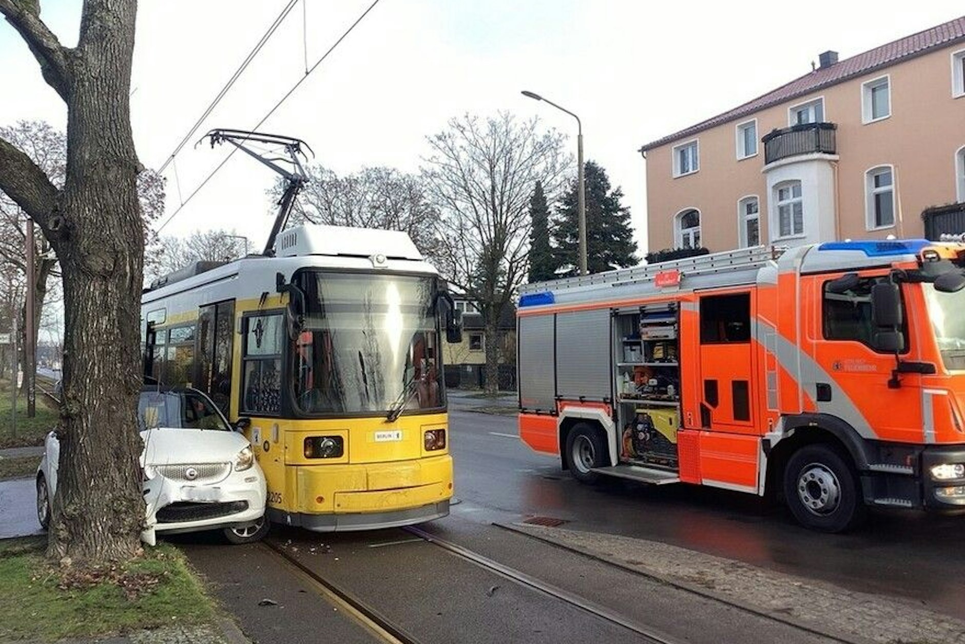 Das Auto wurde zwischen Tram und Baum eingeklemmt.