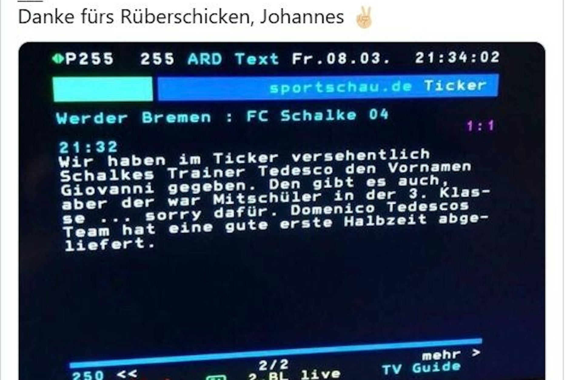 Die ARD hat aus dem ehemaligen Schalke-Trainer Domenico Tedesco kurzzeitig Giovanni gemacht.