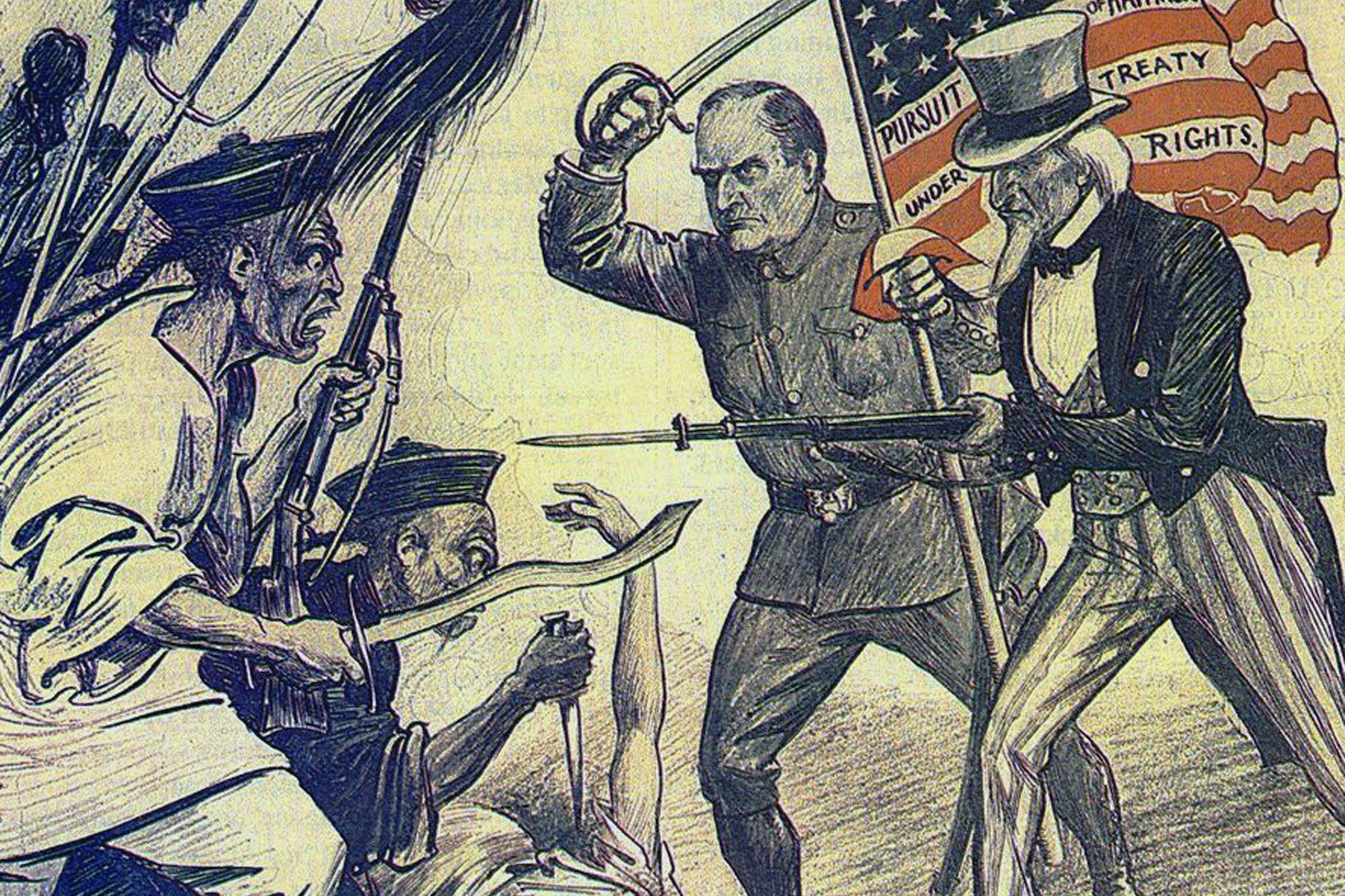 Der Boxeraufstand (1898–1901) richtete sich gegen ausländischen Imperialismus und markiert den Beginn des chinesischen „Jahrhunderts der Demütigung“. Propaganda-Karikatur mit Uncle Sam und US-Präsident William McKinley (v. r.).