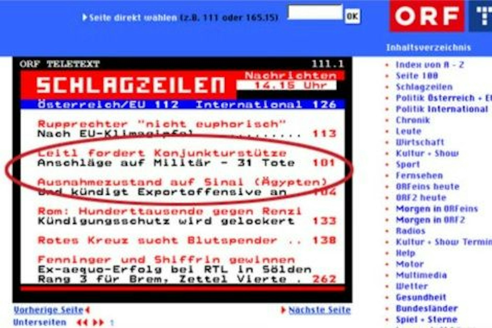 Im Teletext des ORF werden 2014 zwei Meldungen vertauscht.