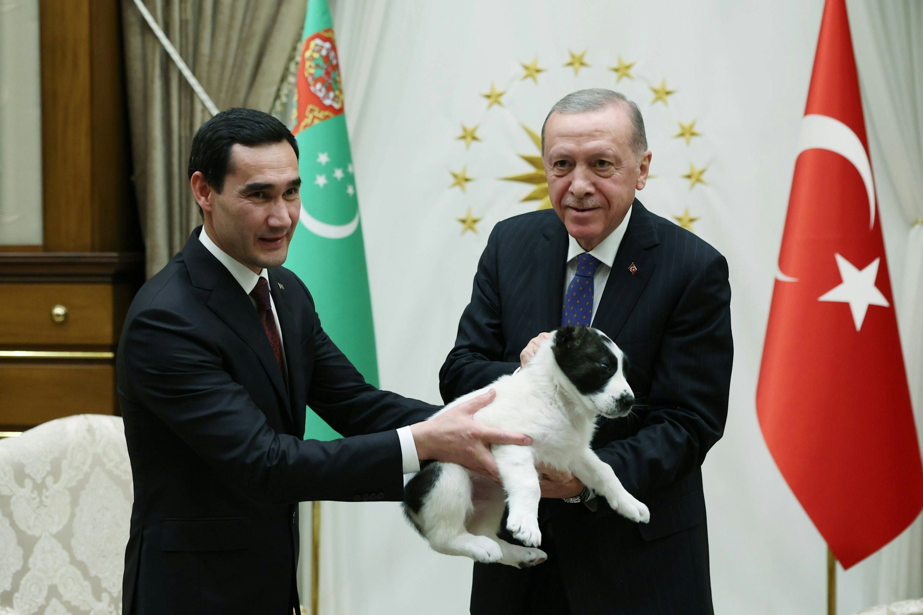 Der türkische Präsident bekommt von seinem turkmenischen Amtskollegen einen Welpen geschenkt.