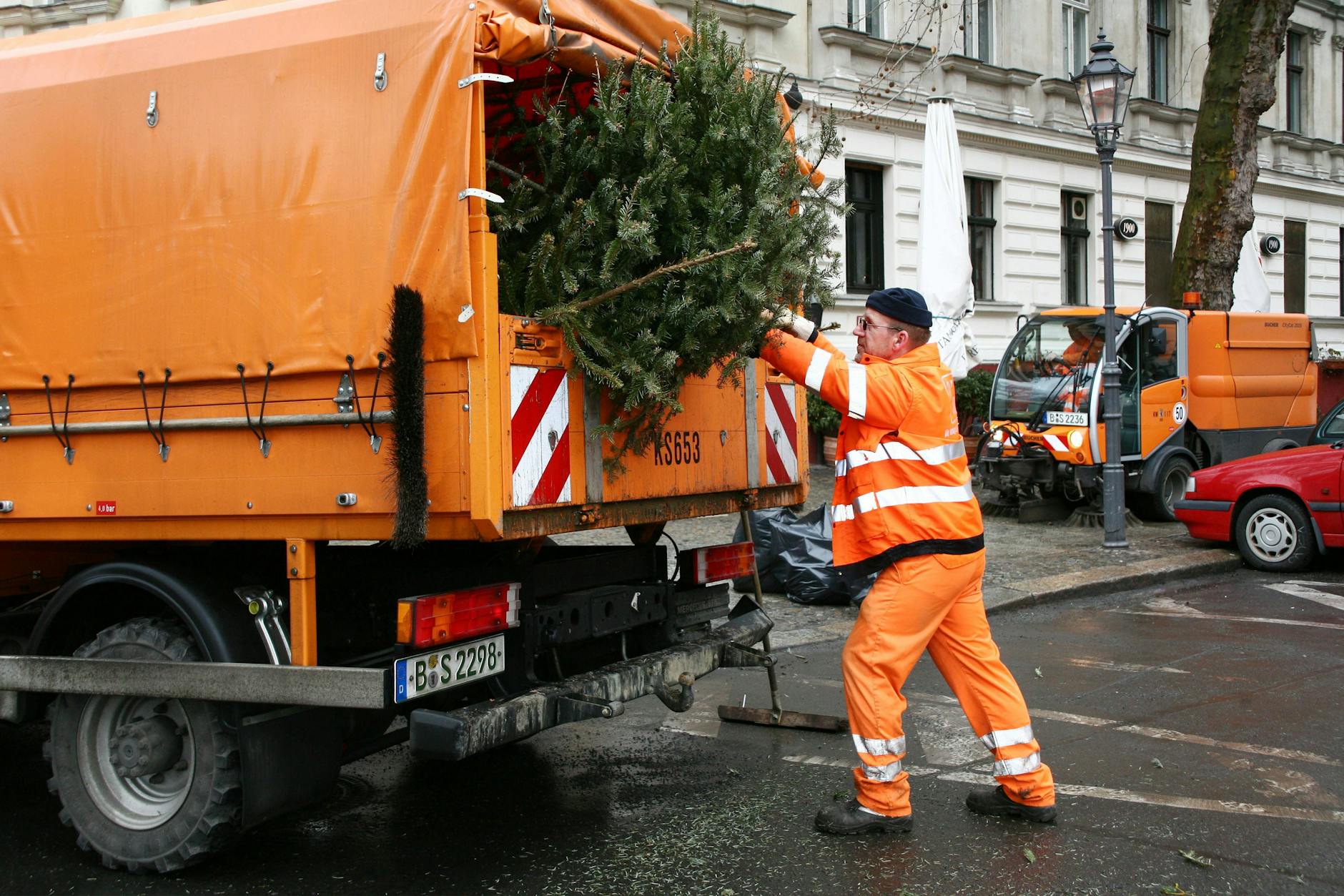 Ein Mitarbeiter der BSR packt Weihnachtsbäume in den Abholwagen.