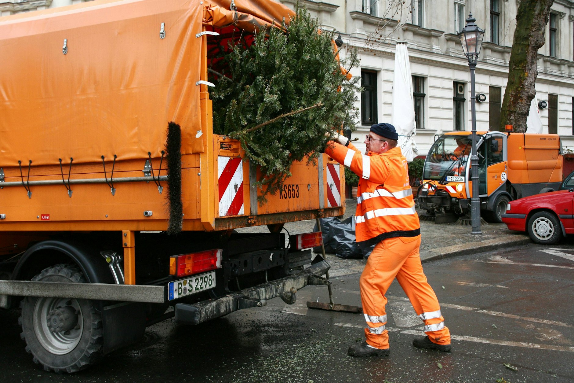 Ein Mitarbeiter der BSR packt Weihnachtsbäume in den Abholwagen.