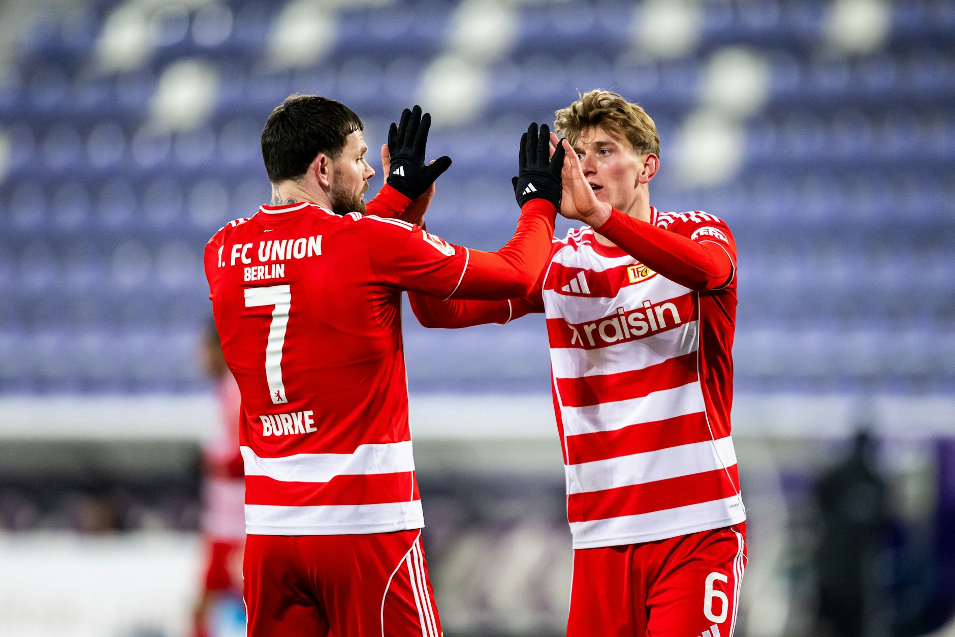 Oliver Burke und Aljoscha Kemlein (v.l.) waren beim Sieg in Aue die Torschützen des 1. FC Union Berlin und konnten vor dem Wiederbeginn der Bundesliga Pluspunkte für die Startelf sammeln.
