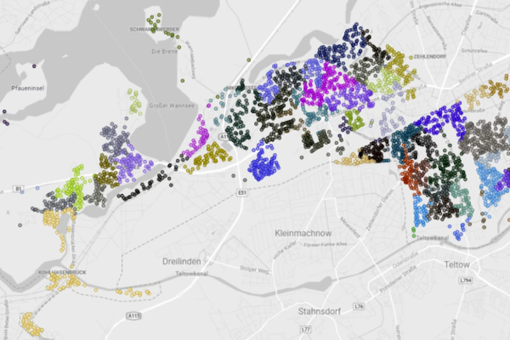 Die Karte von Stromnetz Berlin zeigt die betroffenen Anschlüsse im Südwesten der Stadt. Die unterschiedlichen Farben sind laut Betreiber technisch bedingt.