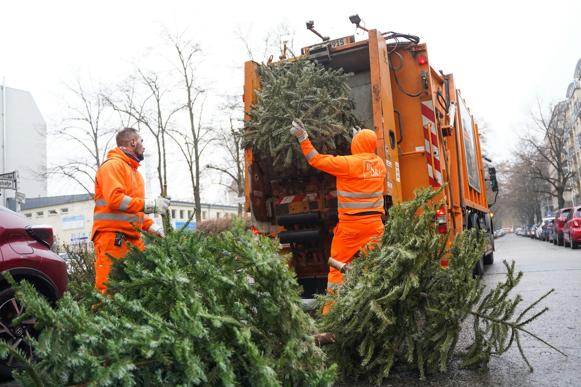 Mitarbeiter der BSR sammeln Weihnachtsbäume ein.