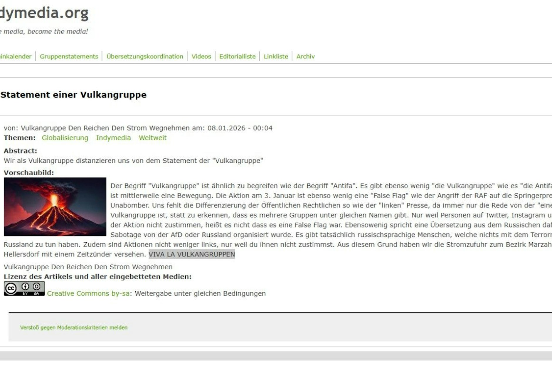 Dieser Screenshot von der Indymedia-Seite zeigt den Text.