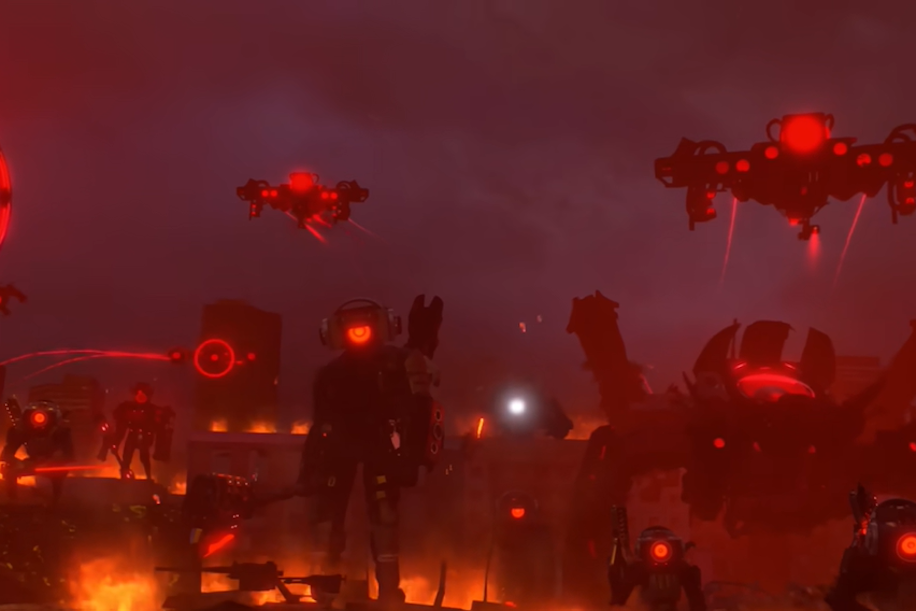 Dystopische Szenerie aus der Folge „skibidi toilet 78“: Die Allianz hat gegen die „Skibidi Toilets“ aufgerüstet.