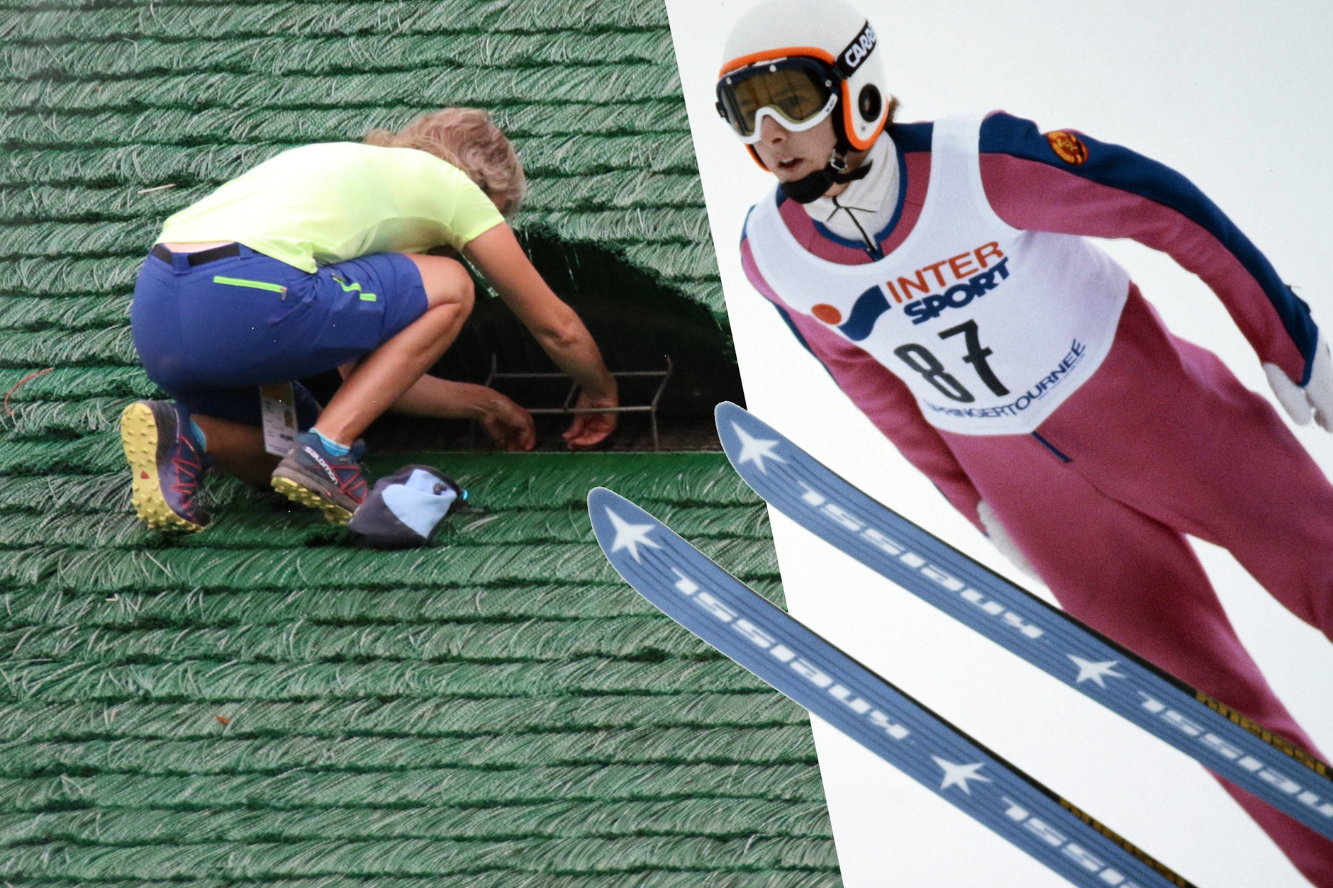 Geniale Erfindung aus der DDR: Noch heute sind Sprungschanzen für Skispringer mit den grünen Matten ausgelegt. Rechts: Jens Weißflog bei der Vierschanzentournee im Jahr 1984.