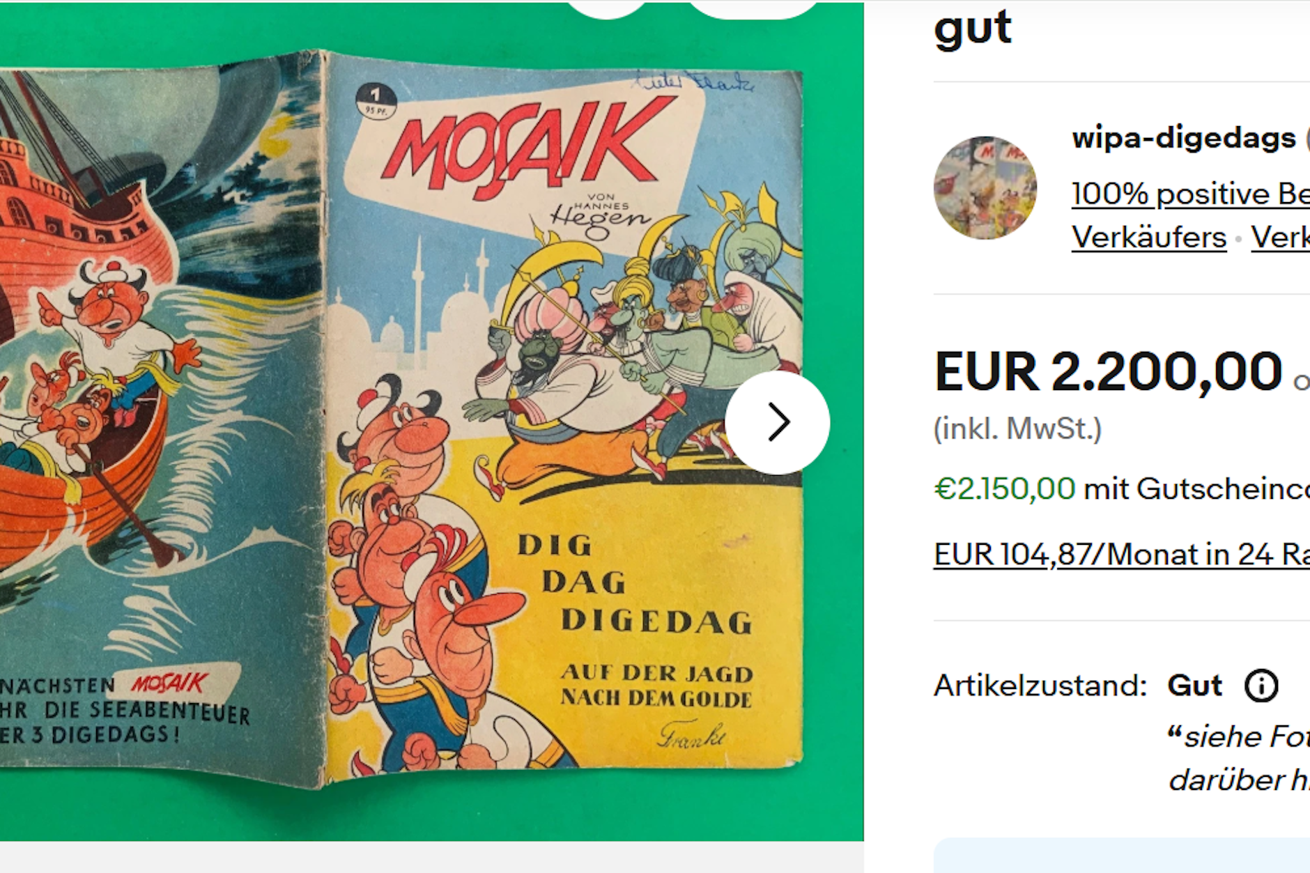 Das erste Mosaik-Heft aus dem Jahr 1955: Für 2200 Euro bietet ein Internet-Händler dieses nur „gut“ erhaltene Exemplar an.