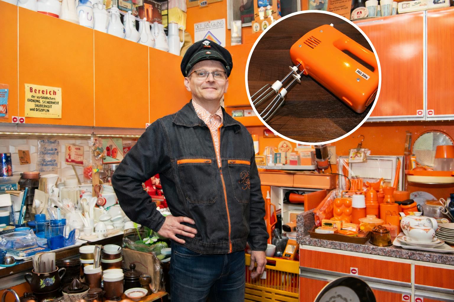 Mario Schubert betreibt den Laden VEB Orange in Prenzlauer Berg. Hier verkauft er ab und zu auch das Kult-Rührgerät RG28s in Orange.