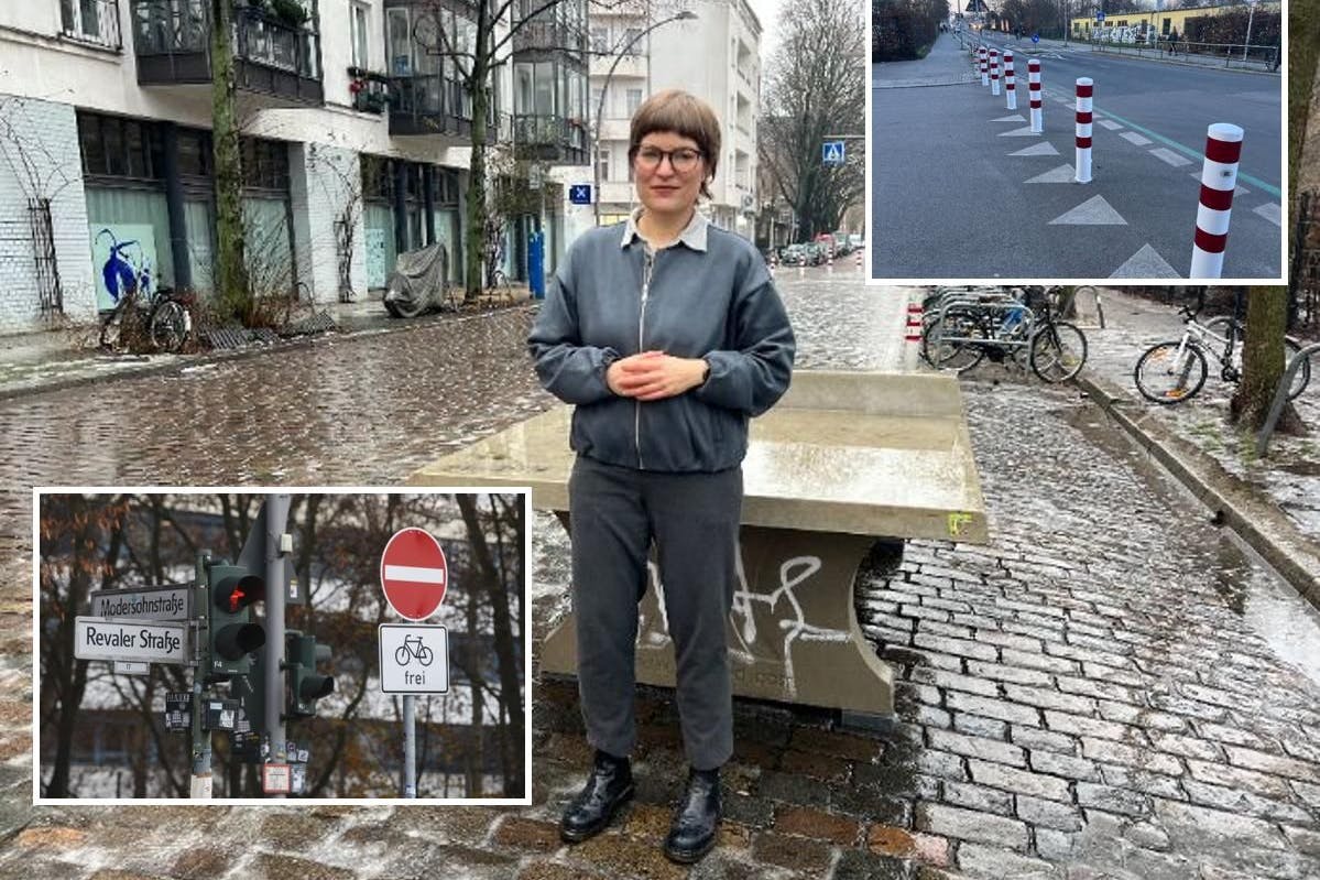 Annika Gerold in der Schulzone vor der Modersohn-Grundschule. Eine Gegend, in die immer mehr Radwege und Poller hinzukommen.