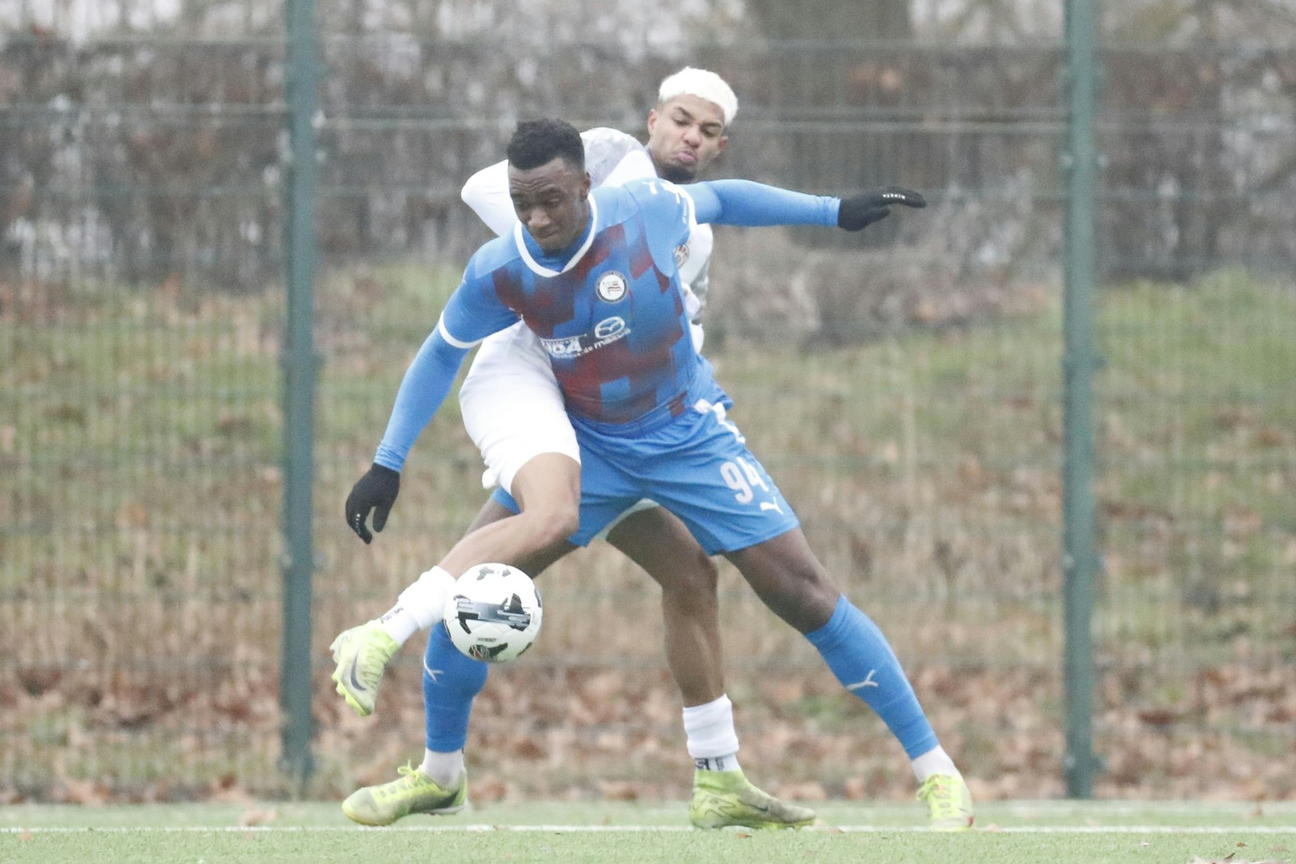Das ist nicht etwa Schnee auf seinem Kopf: Dynamo-Verteidiger Amiro Amadou (h., hier im Duell mit Tasmanias Jean&nbsp; Paul Ajala-Alexis) hat mal wieder die Haarfarbe gewechselt.